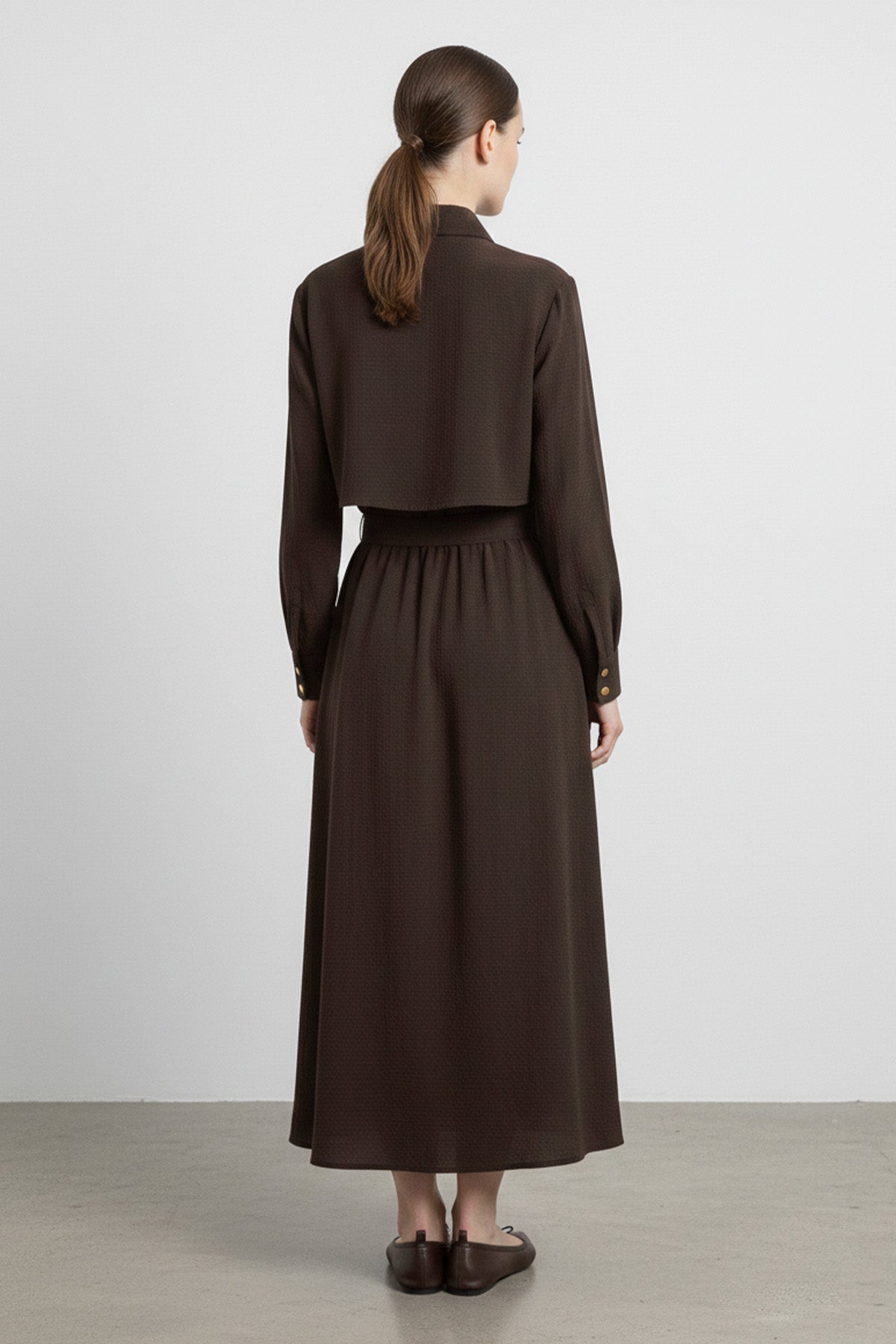 Kadın Gömlek Yaka Düğmeli Belden Bağlamalı Uzun Elbise-32454