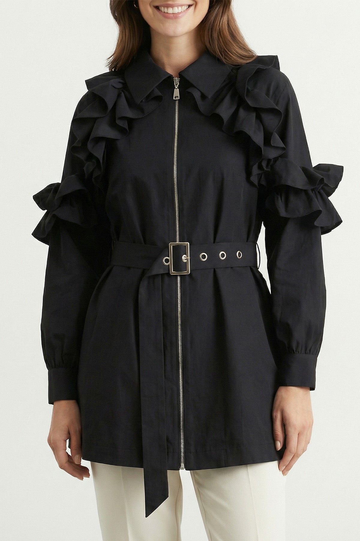 Kadın Önü Fermuarlı Volan Detaylı Trenç - 32456TRC