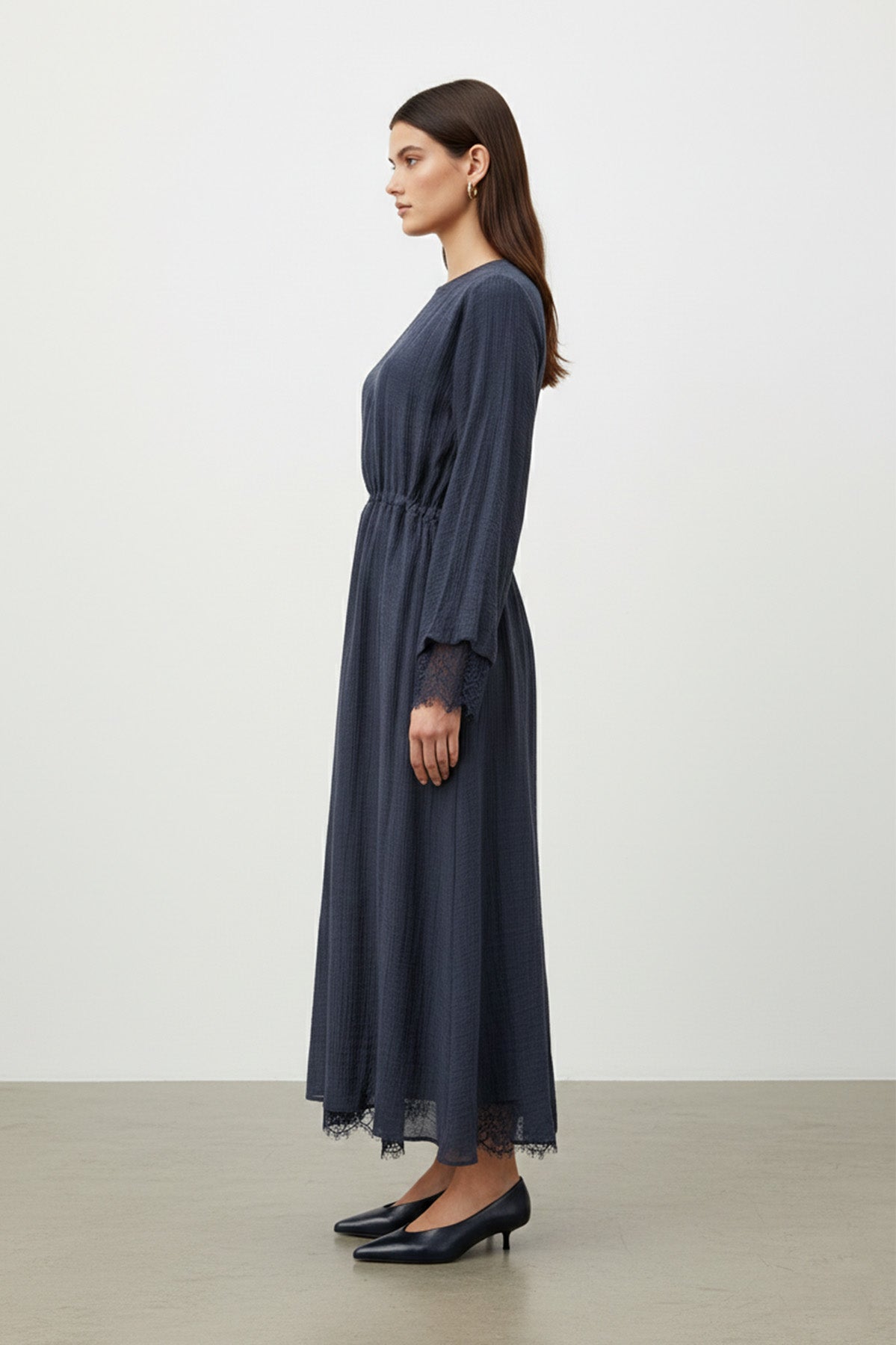 Kadın Belden Bağlamalı Dantel Detaylı Uzun Elbise-32466ELB