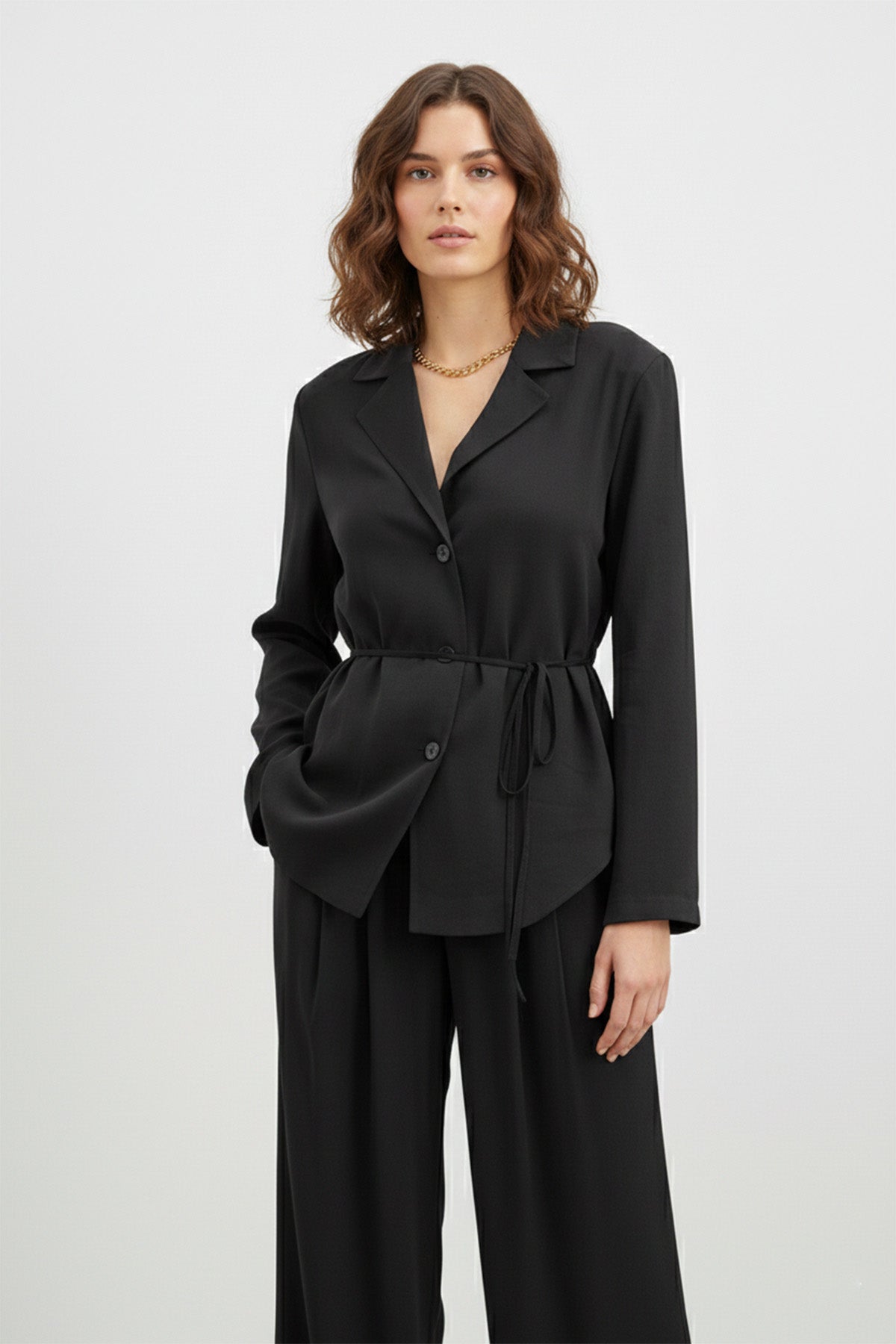 Kadın Kuşaklı Ceket ve Bol Paça Pantolon Takım-32468TKS