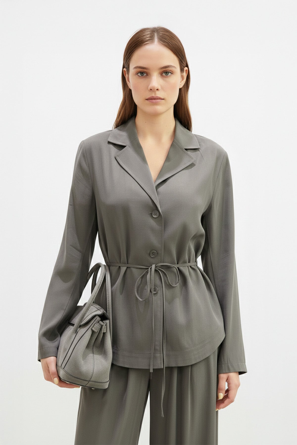 Kadın Kuşaklı Ceket ve Bol Paça Pantolon Takım-32468TKS