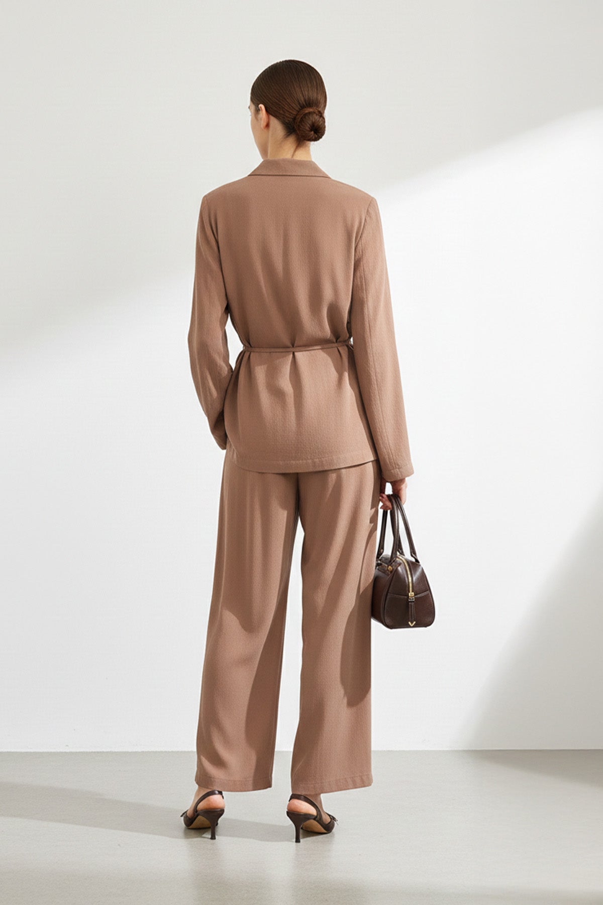 Kadın Kuşaklı Ceket ve Bol Paça Pantolon Takım-32468TKS