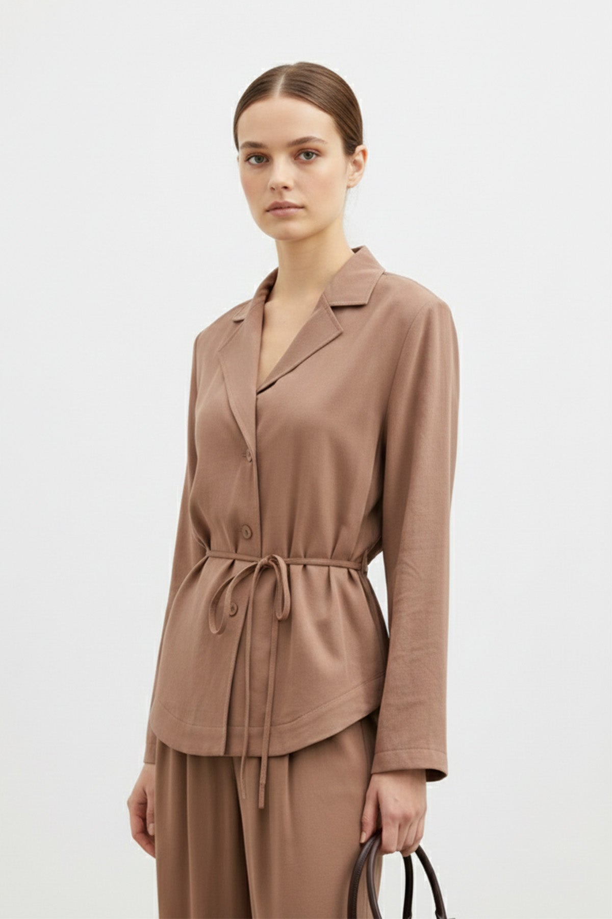 Kadın Kuşaklı Ceket ve Bol Paça Pantolon Takım-32468TKS