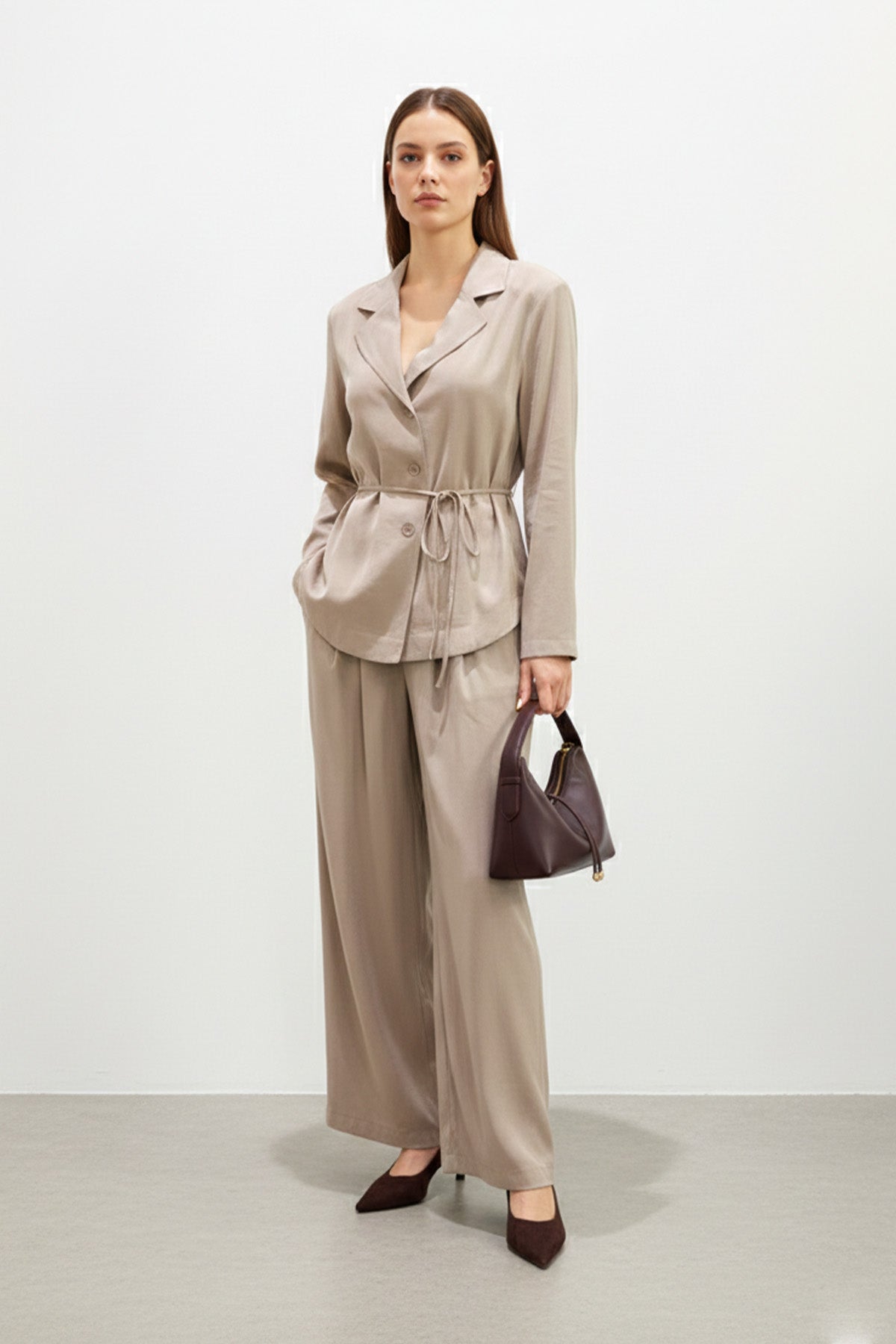 Kadın Kuşaklı Ceket ve Bol Paça Pantolon Takım-32468TKS