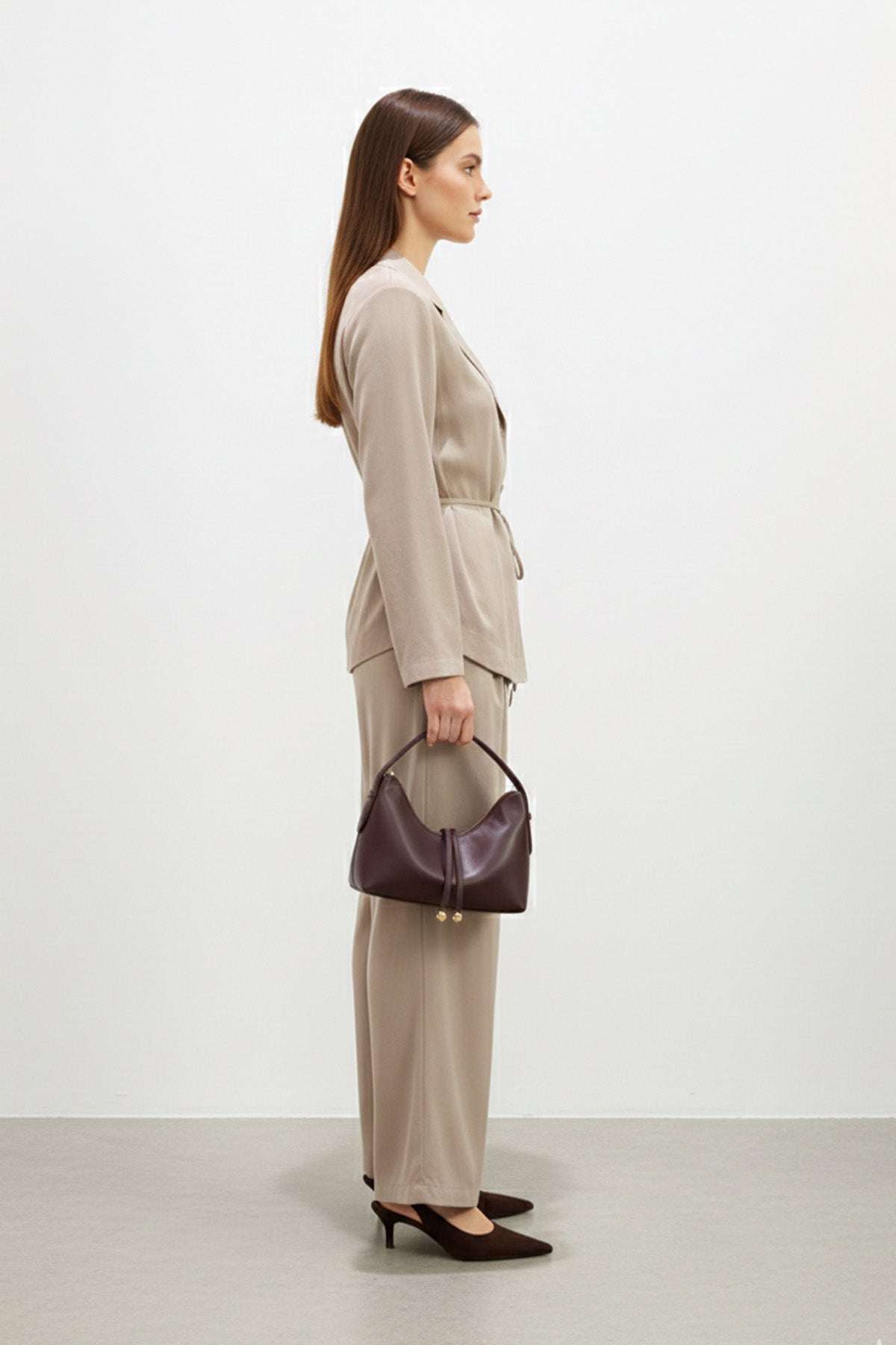 Kadın Kuşaklı Ceket ve Bol Paça Pantolon Takım-32468TKS