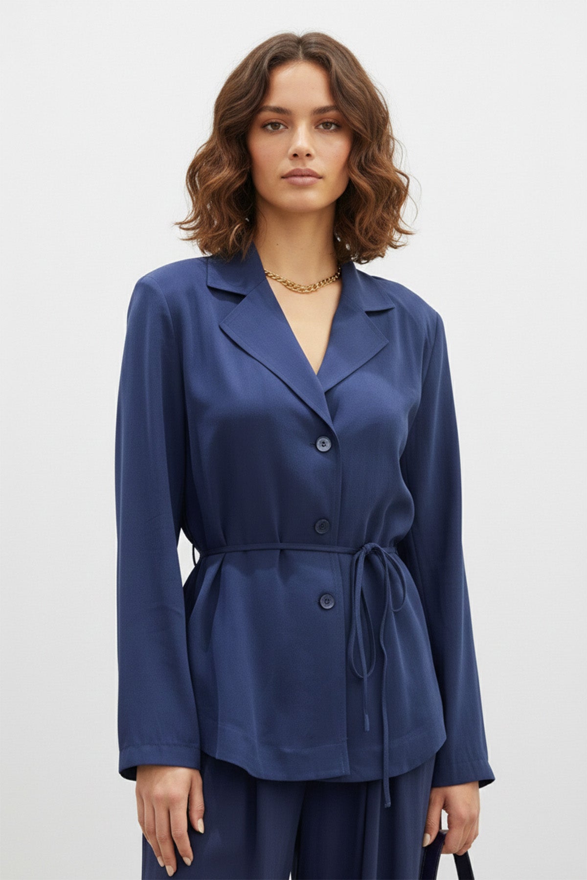 Kadın Kuşaklı Ceket ve Bol Paça Pantolon Takım-32468TKS