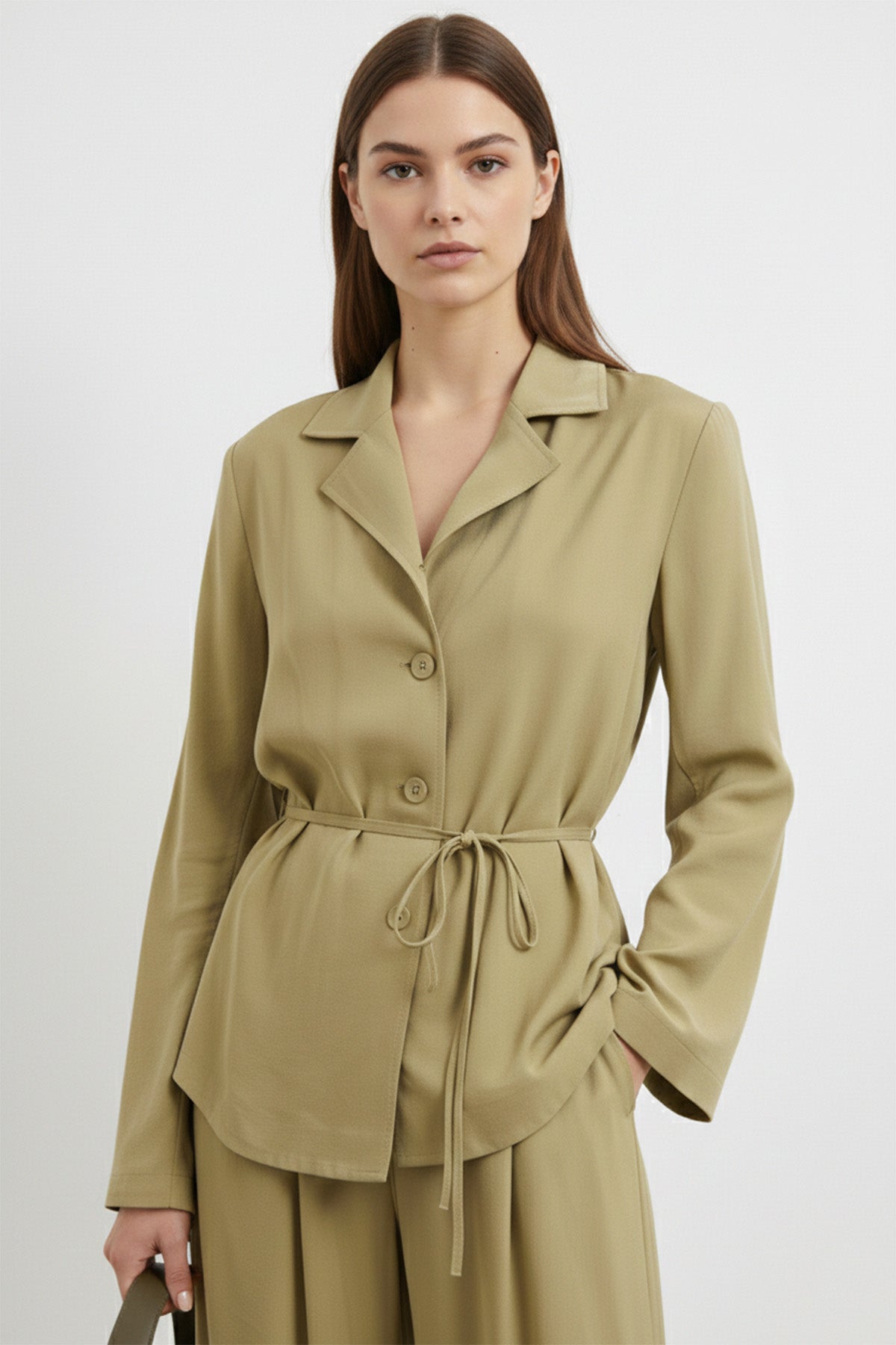 Kadın Kuşaklı Ceket ve Bol Paça Pantolon Takım-32468TKS