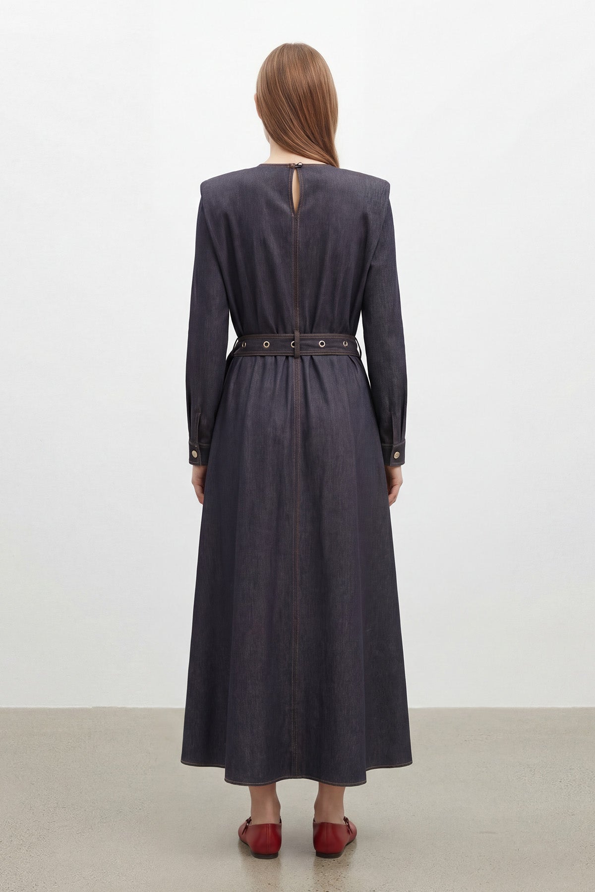 Kadın Vatkalı Kuşaklı Denim Görünümlü Elbise - 32476ELB