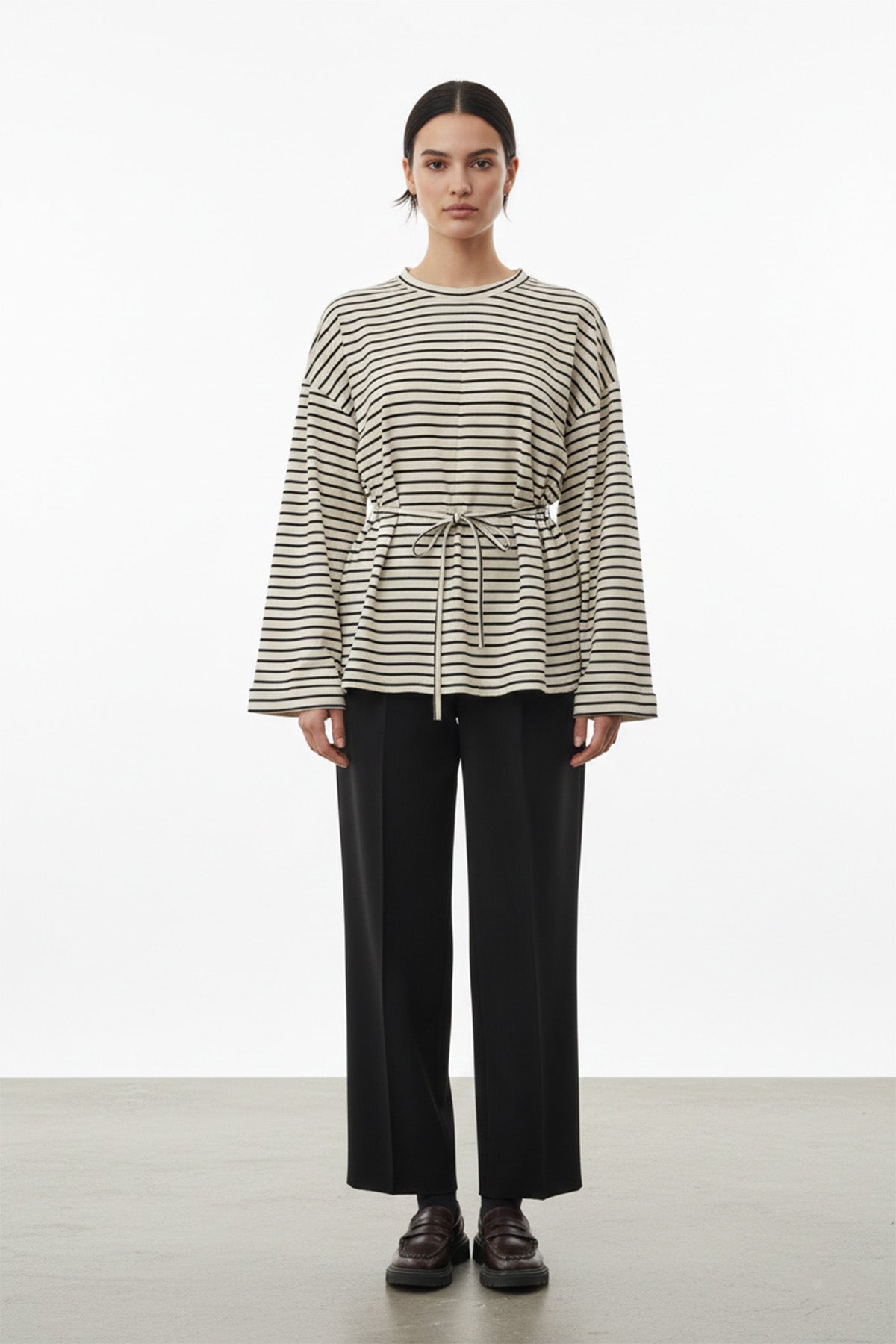 Kadın Uzun Kollu Çizgili Belden Bağlamalı Rahat Kesim Tunik-32484TUN