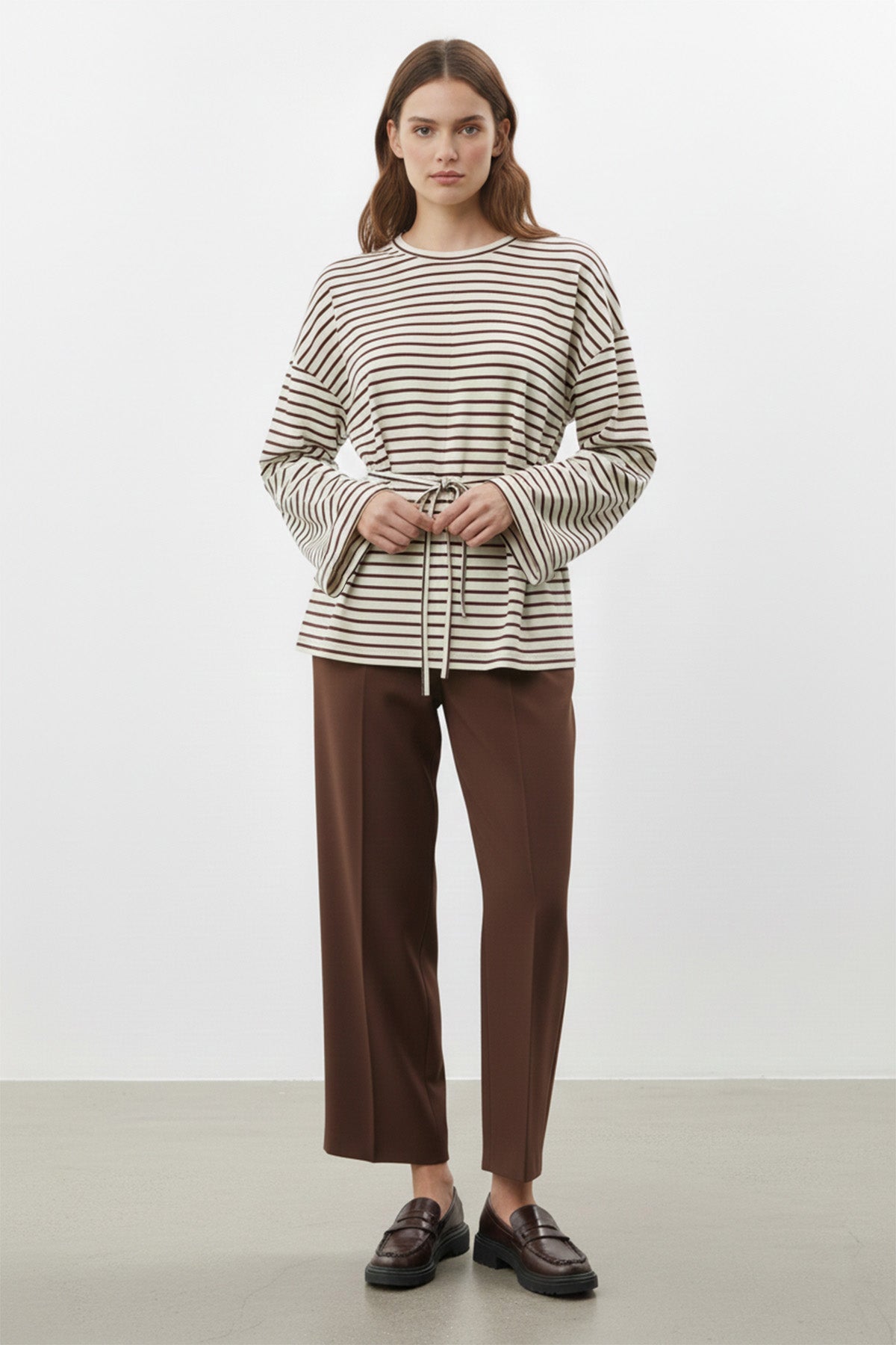 Kadın Uzun Kollu Çizgili Belden Bağlamalı Rahat Kesim Tunik-32484TUN