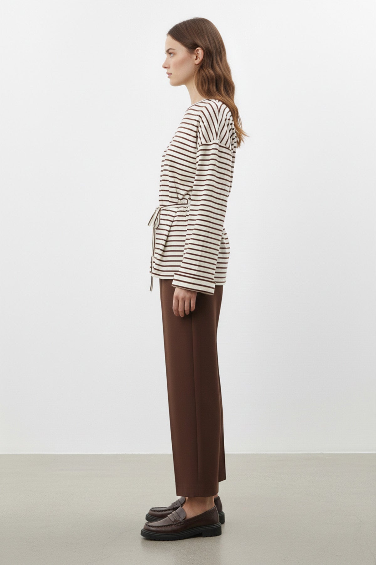 Kadın Uzun Kollu Çizgili Belden Bağlamalı Rahat Kesim Tunik-32484TUN