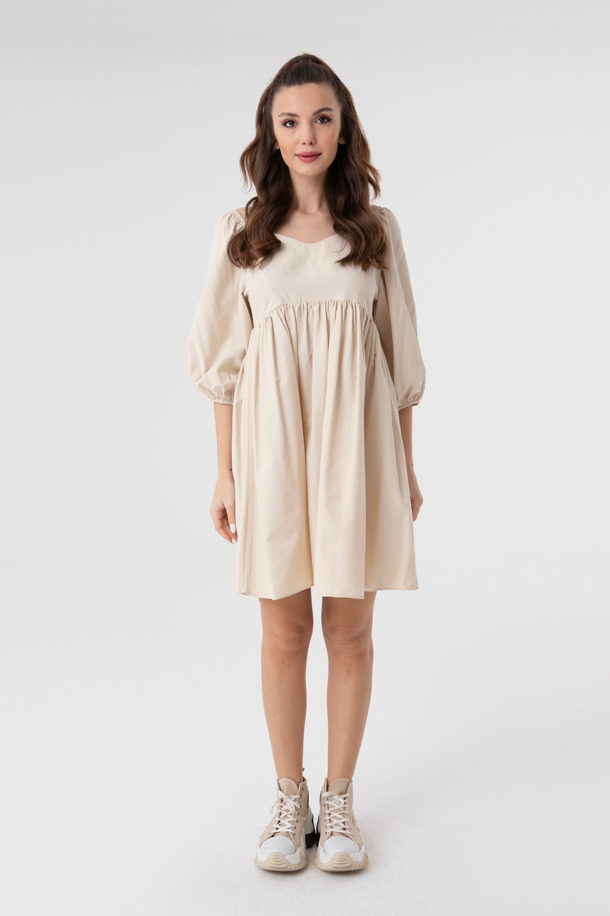 Kadın V Yaka Balon Kol Büzgülü Mini Elbise-31153ELB