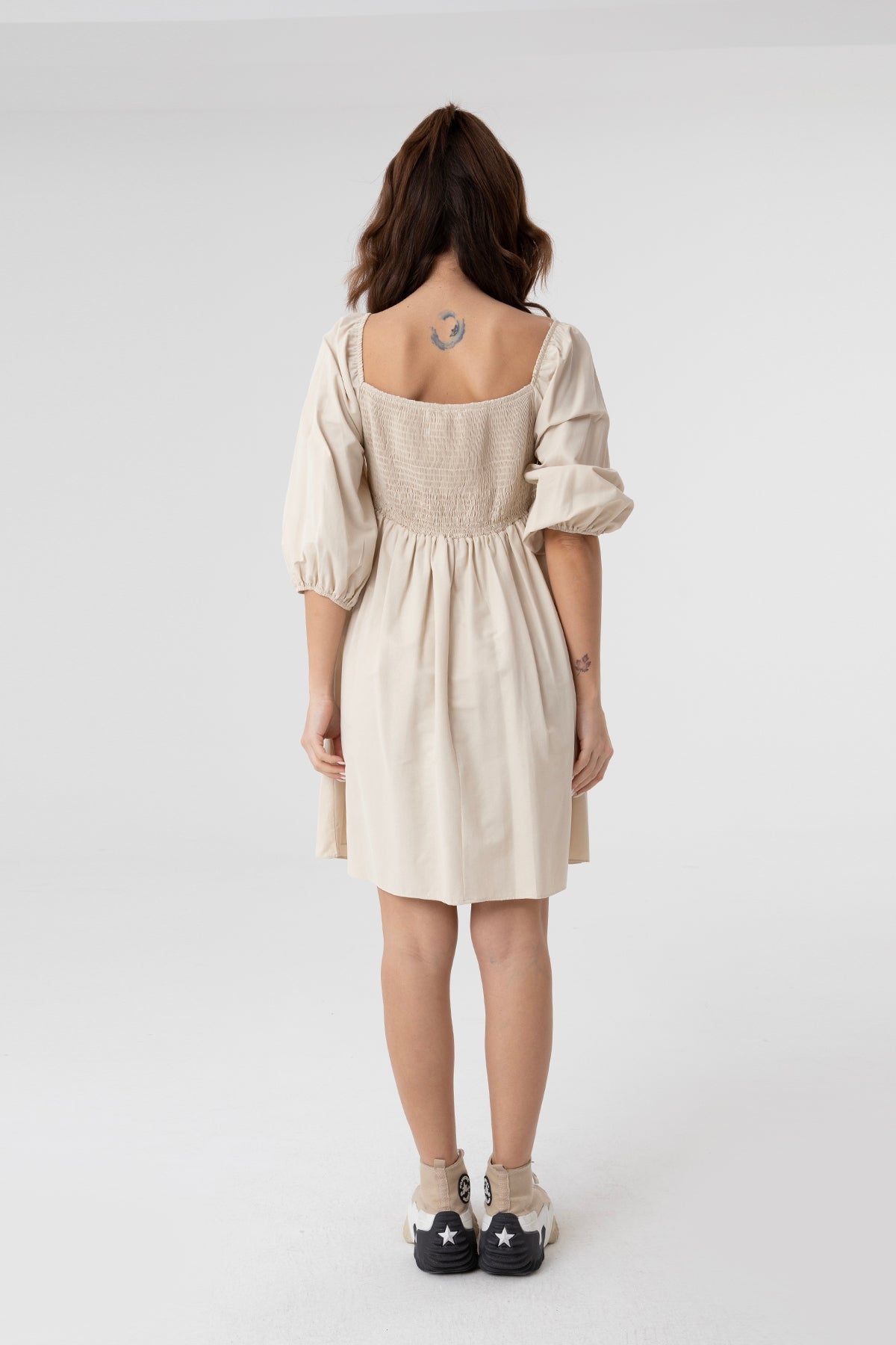 Kadın V Yaka Balon Kol Büzgülü Mini Elbise-31153ELB