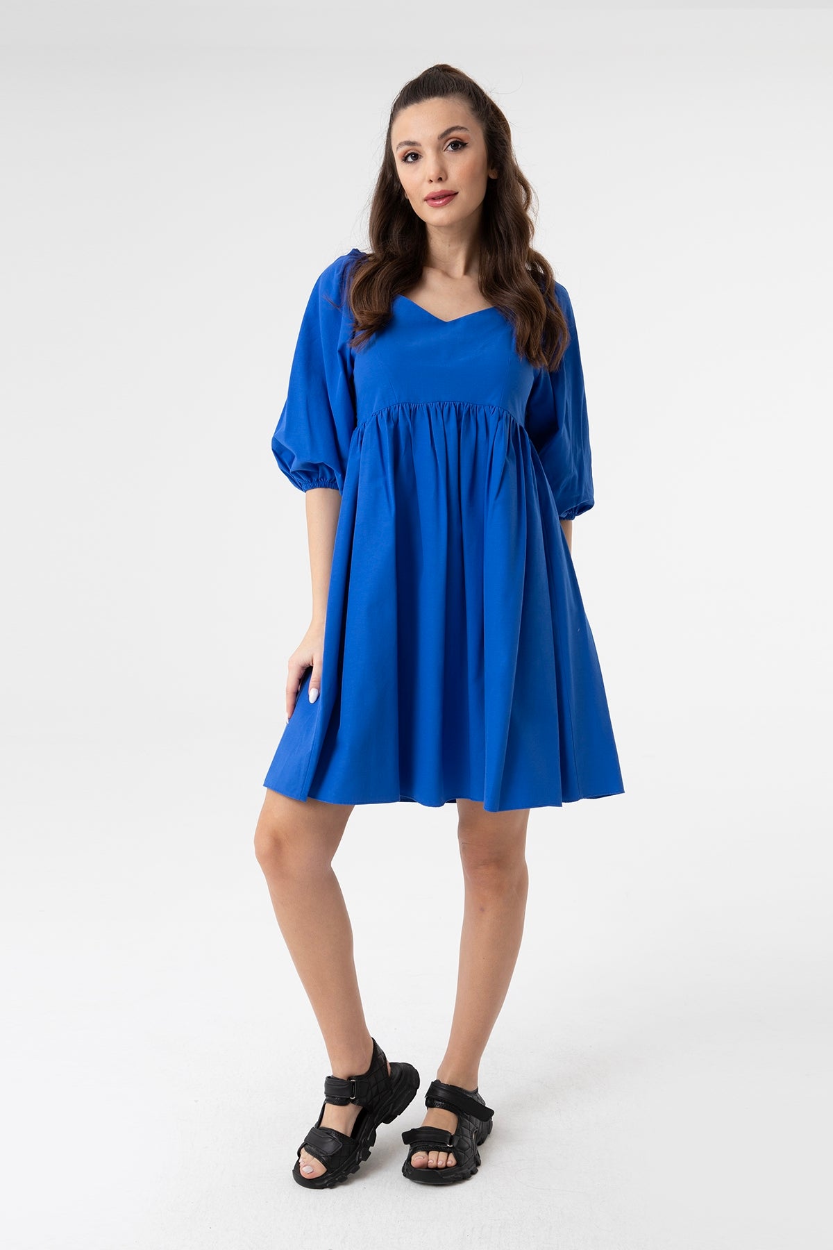 Kadın V Yaka Balon Kol Büzgülü Mini Elbise-31153ELB