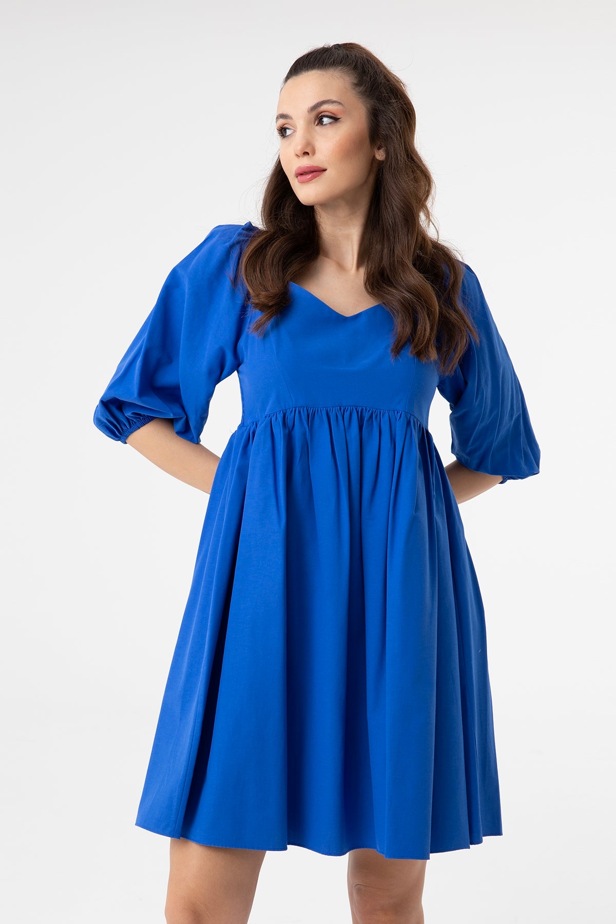 Kadın V Yaka Balon Kol Büzgülü Mini Elbise-31153ELB