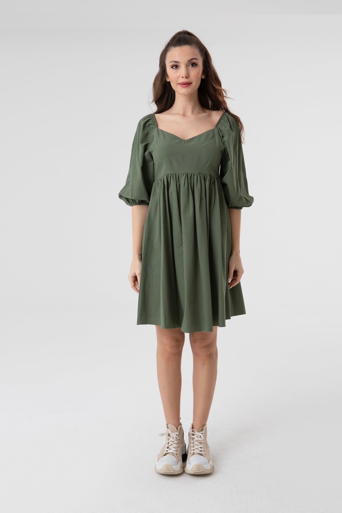 Kadın V Yaka Balon Kol Büzgülü Mini Elbise-31153ELB