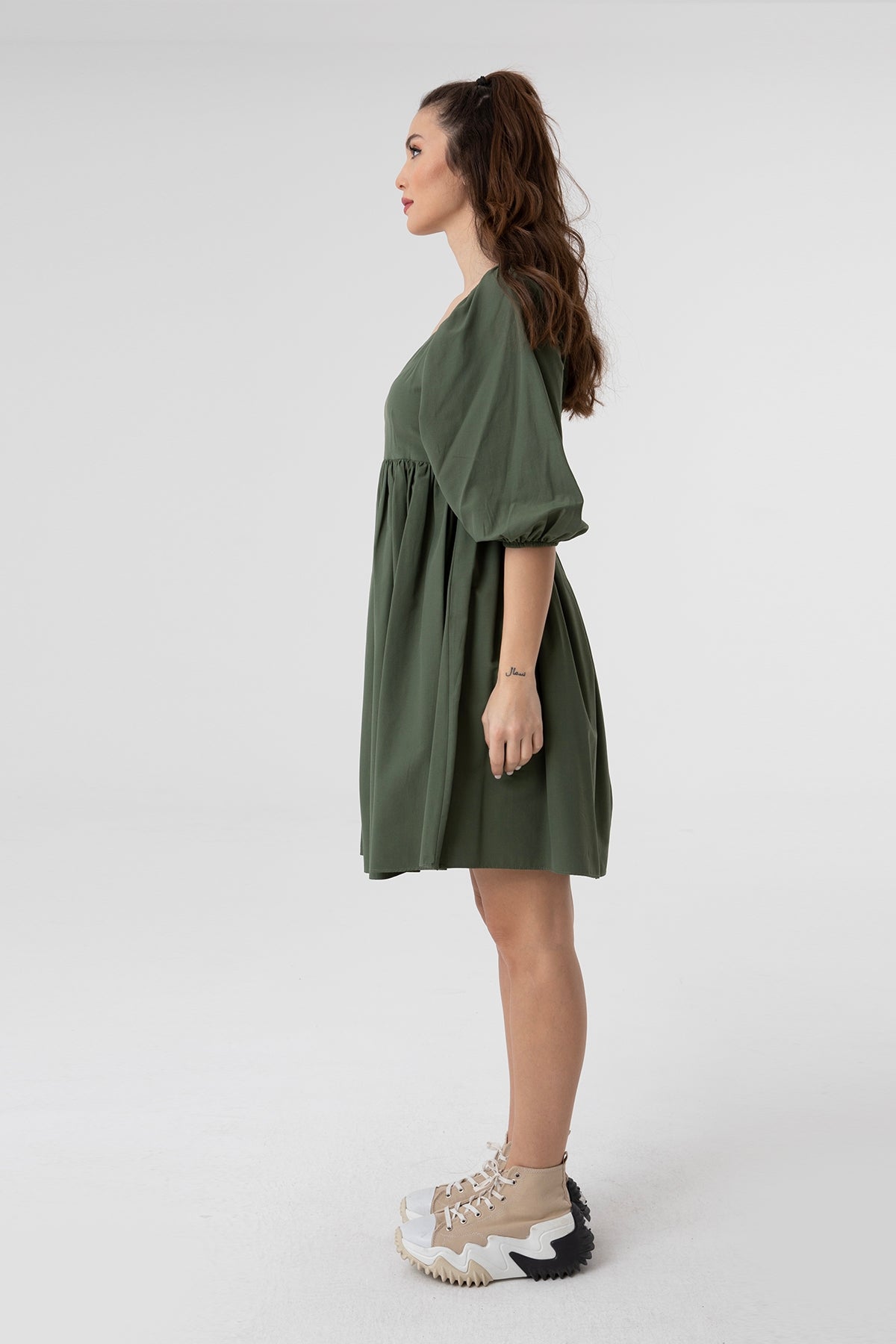 Kadın V Yaka Balon Kol Büzgülü Mini Elbise-31153ELB