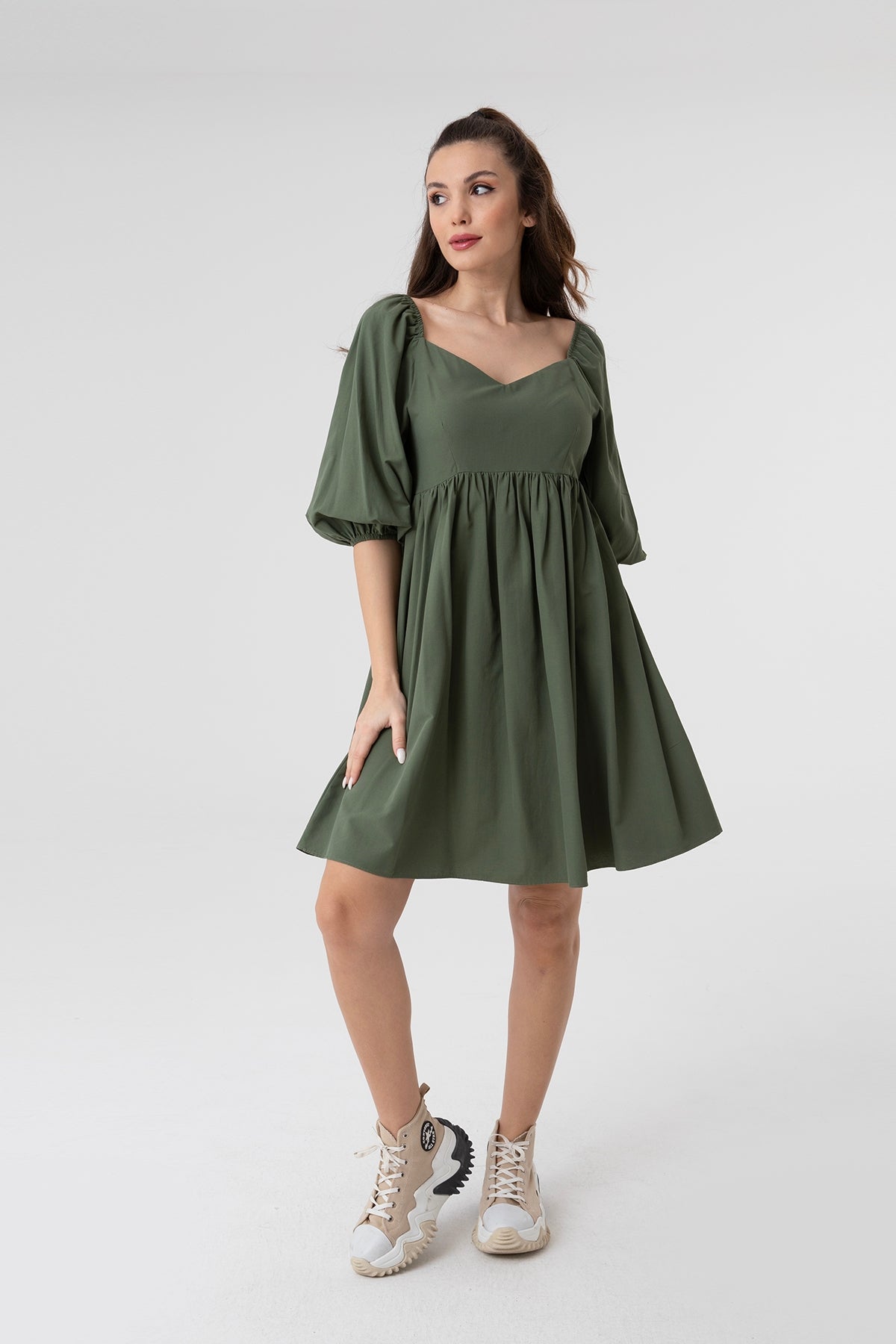 Kadın V Yaka Balon Kol Büzgülü Mini Elbise-31153ELB