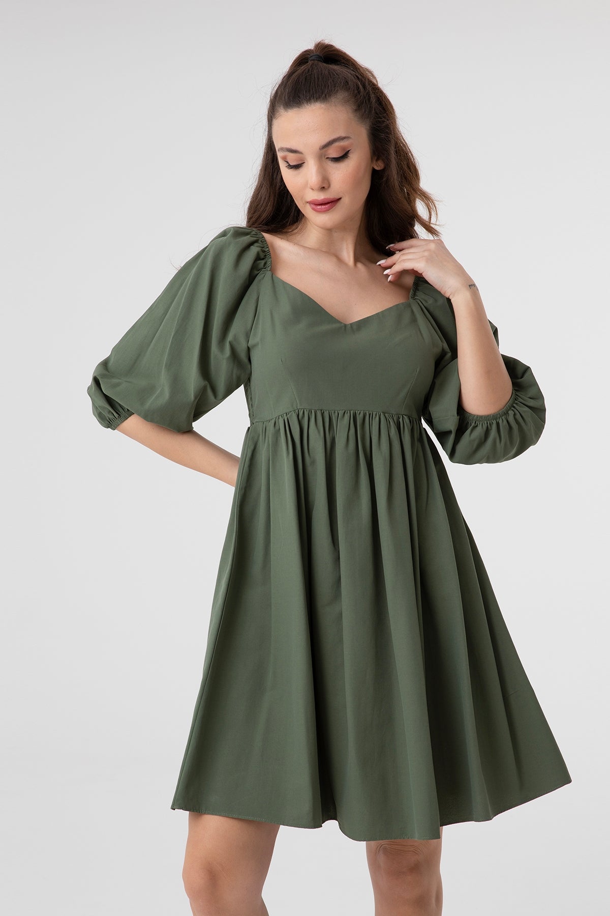 Kadın V Yaka Balon Kol Büzgülü Mini Elbise-31153ELB