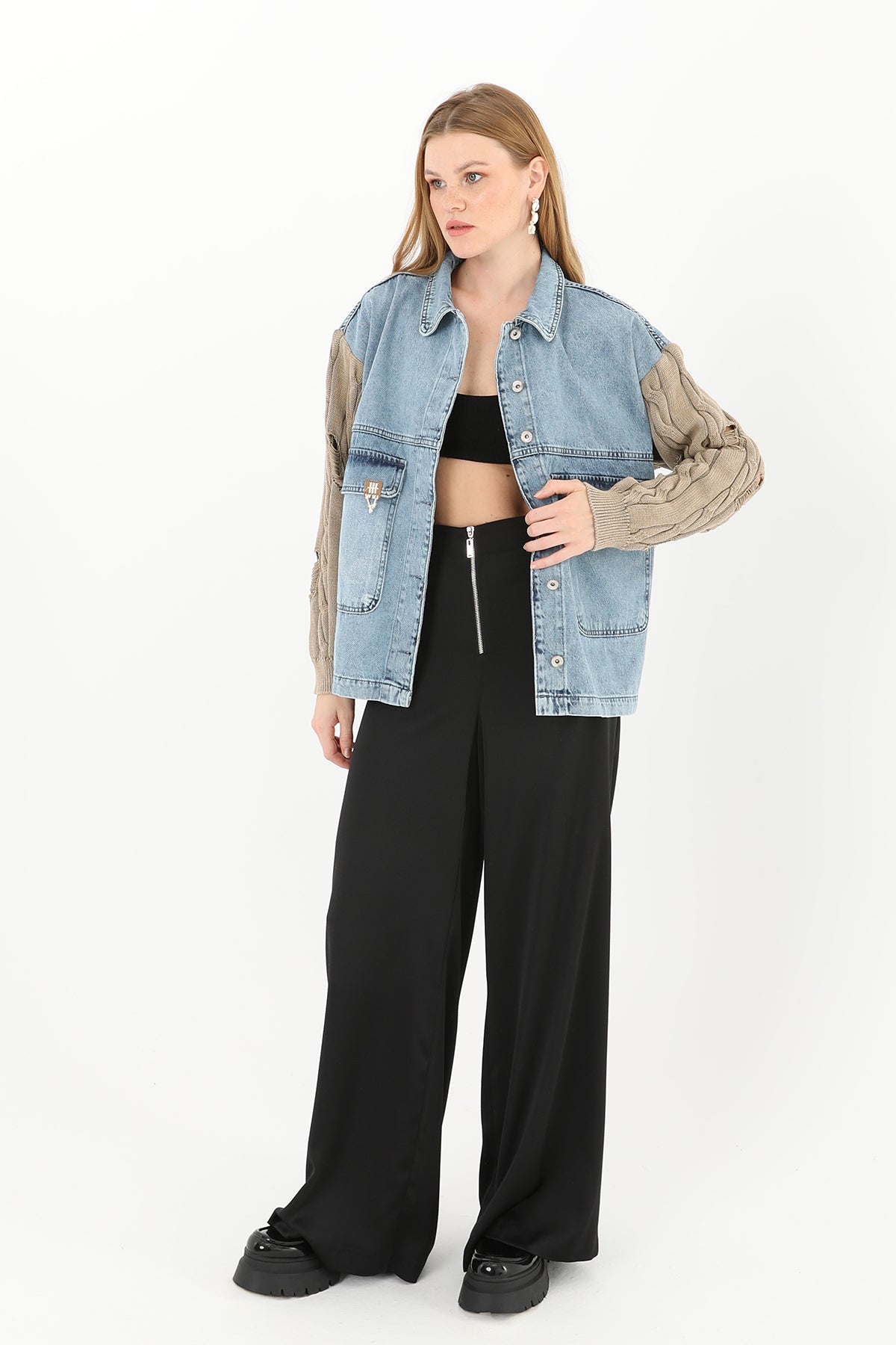 Kadın Triko Kol Detaylı Denim Ceket -32041CKT