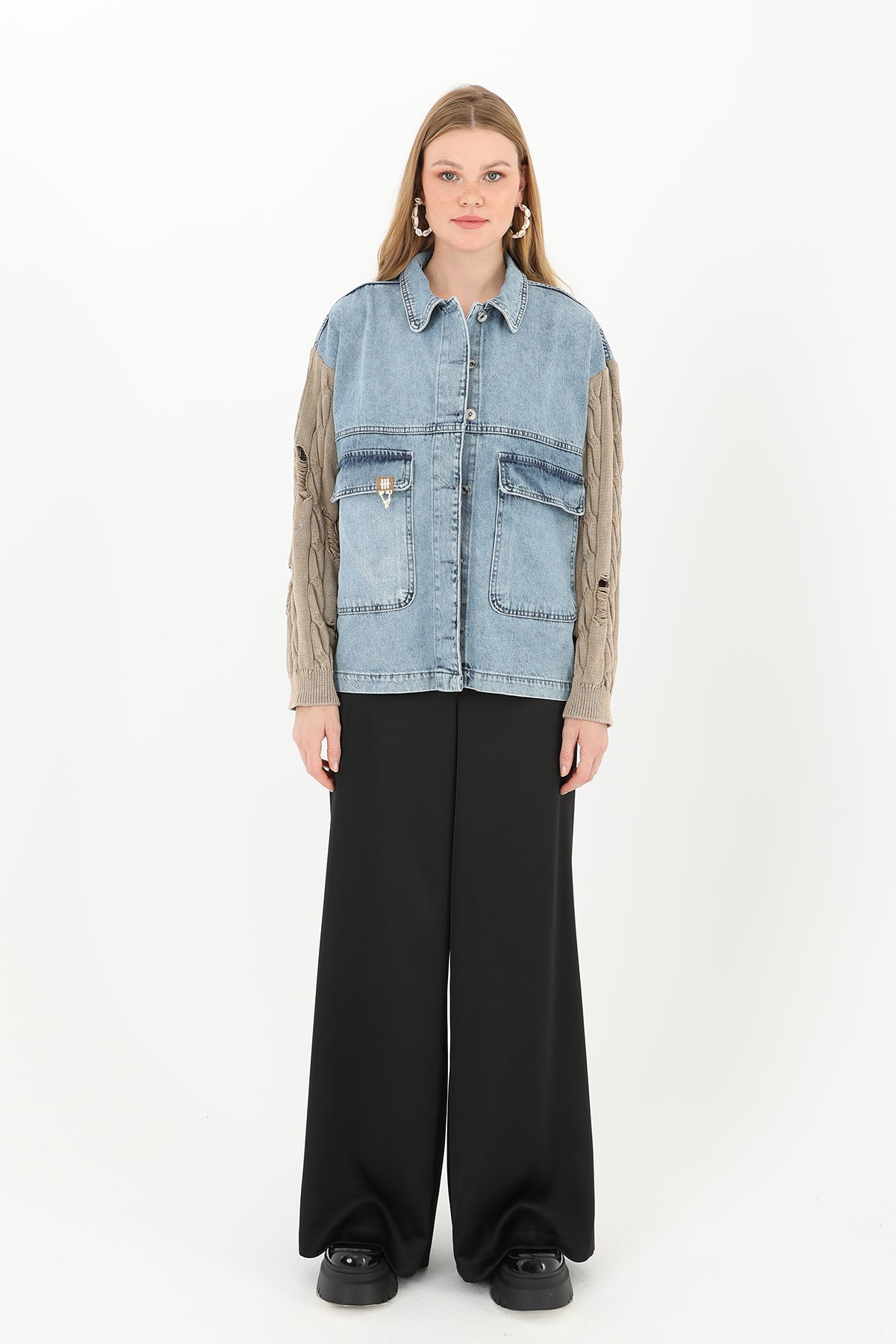 Kadın Triko Kol Detaylı Denim Ceket -32041CKT