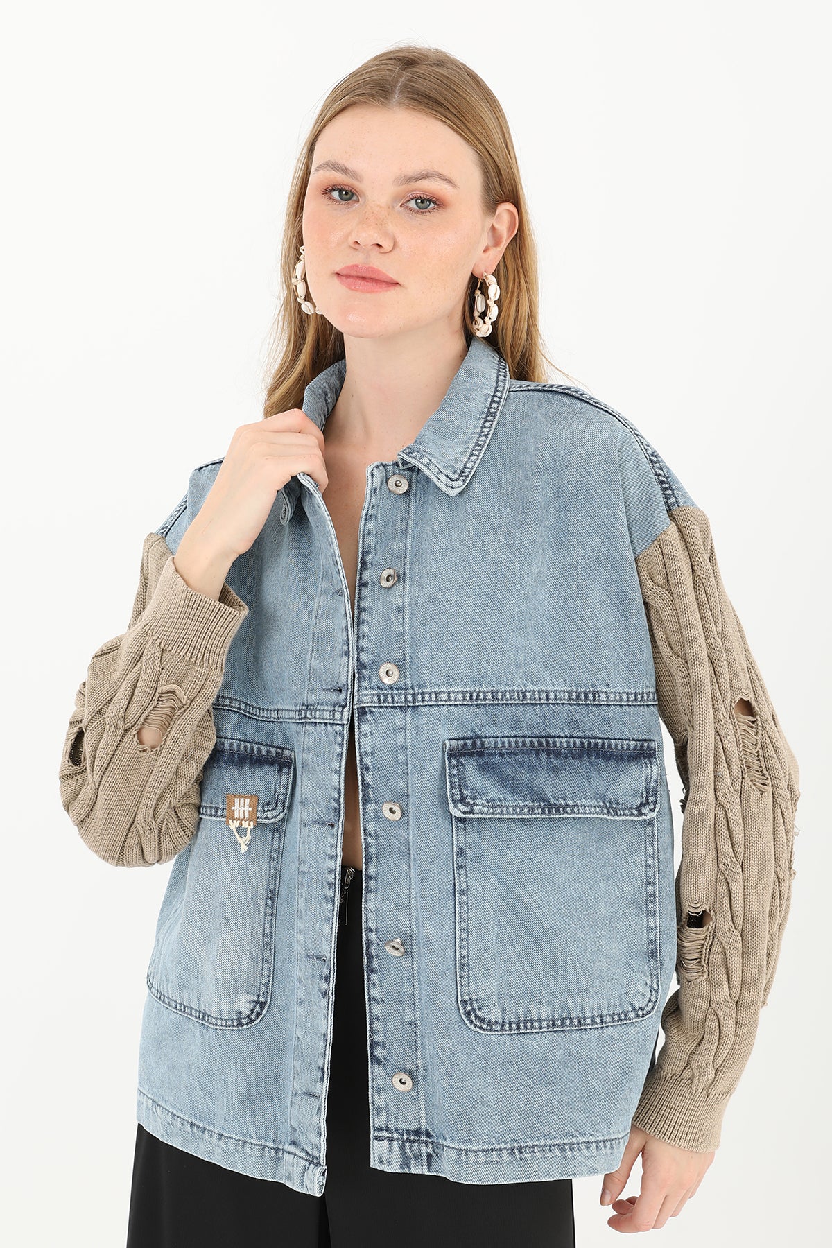 Kadın Triko Kol Detaylı Denim Ceket -32041CKT