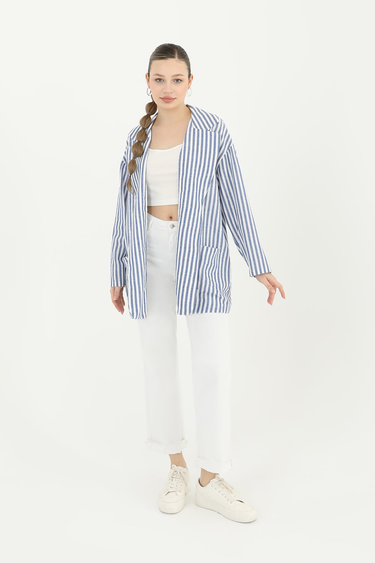 Kadın Çizgili Keten Ceket  - 10433CKT