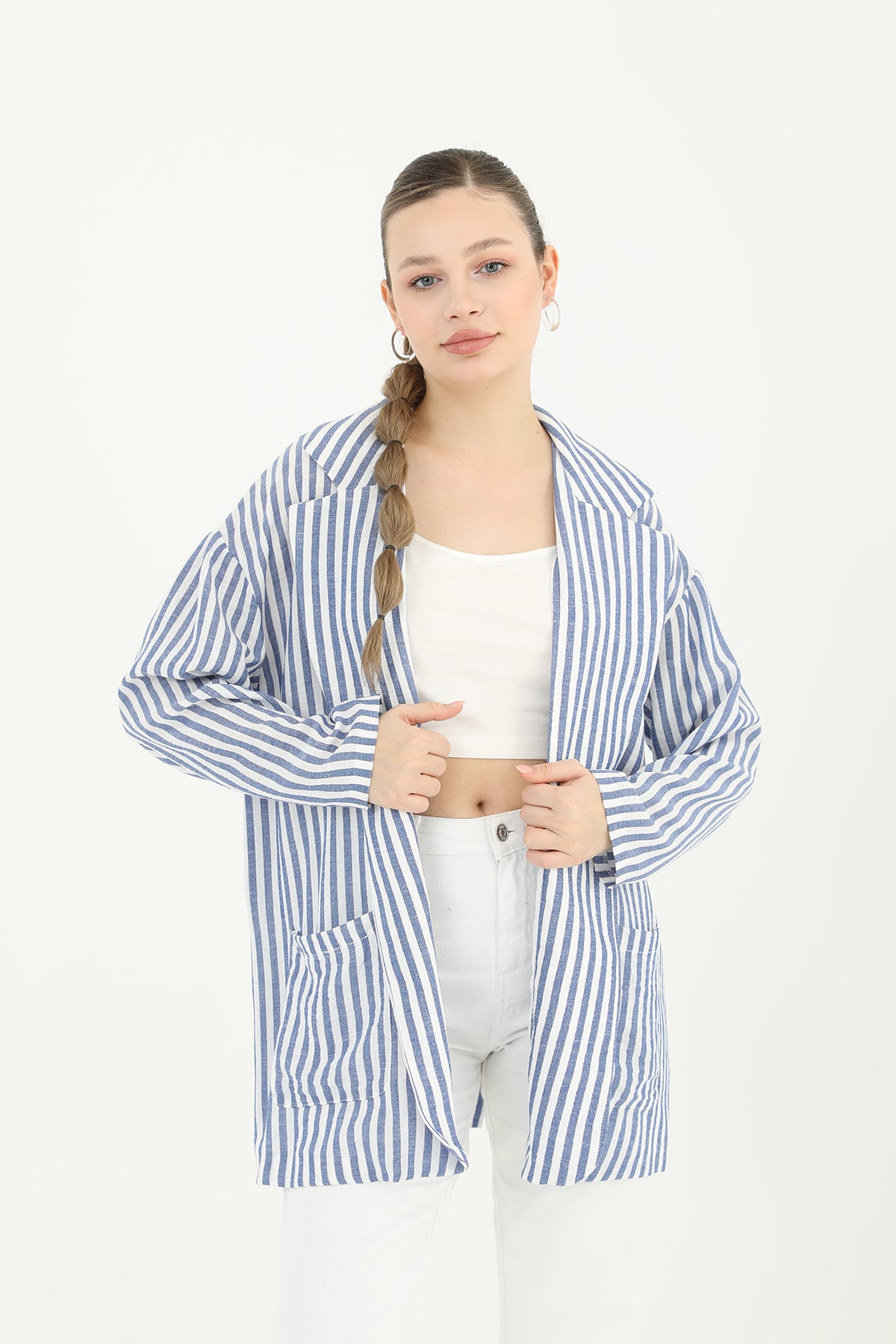Kadın Çizgili Keten Ceket  - 10433CKT