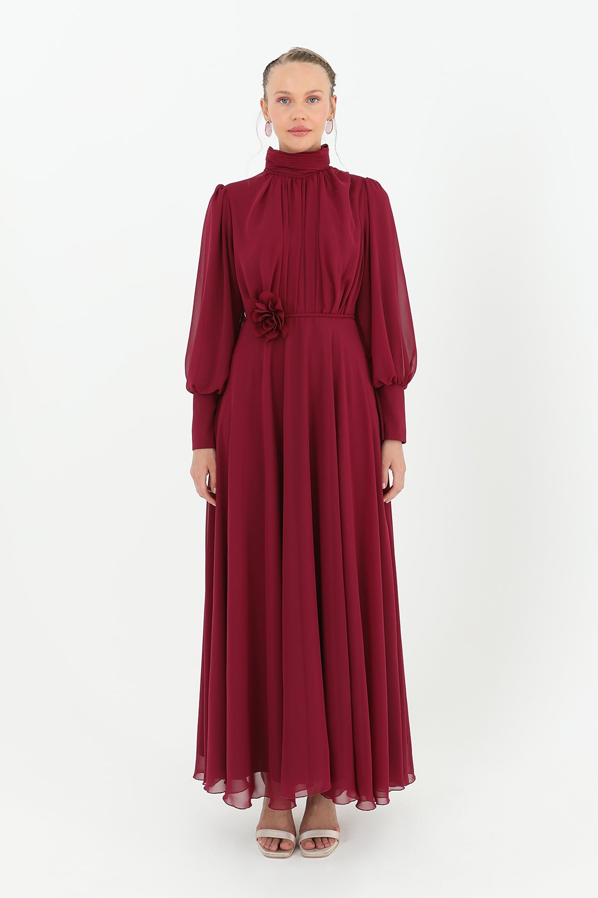 Kadın Dik Yaka Kemer Detaylı Şifon Elbise  - 12520ELB