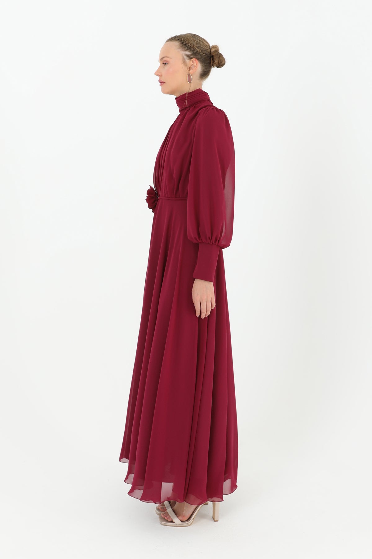 Kadın Dik Yaka Kemer Detaylı Şifon Elbise  - 12520ELB