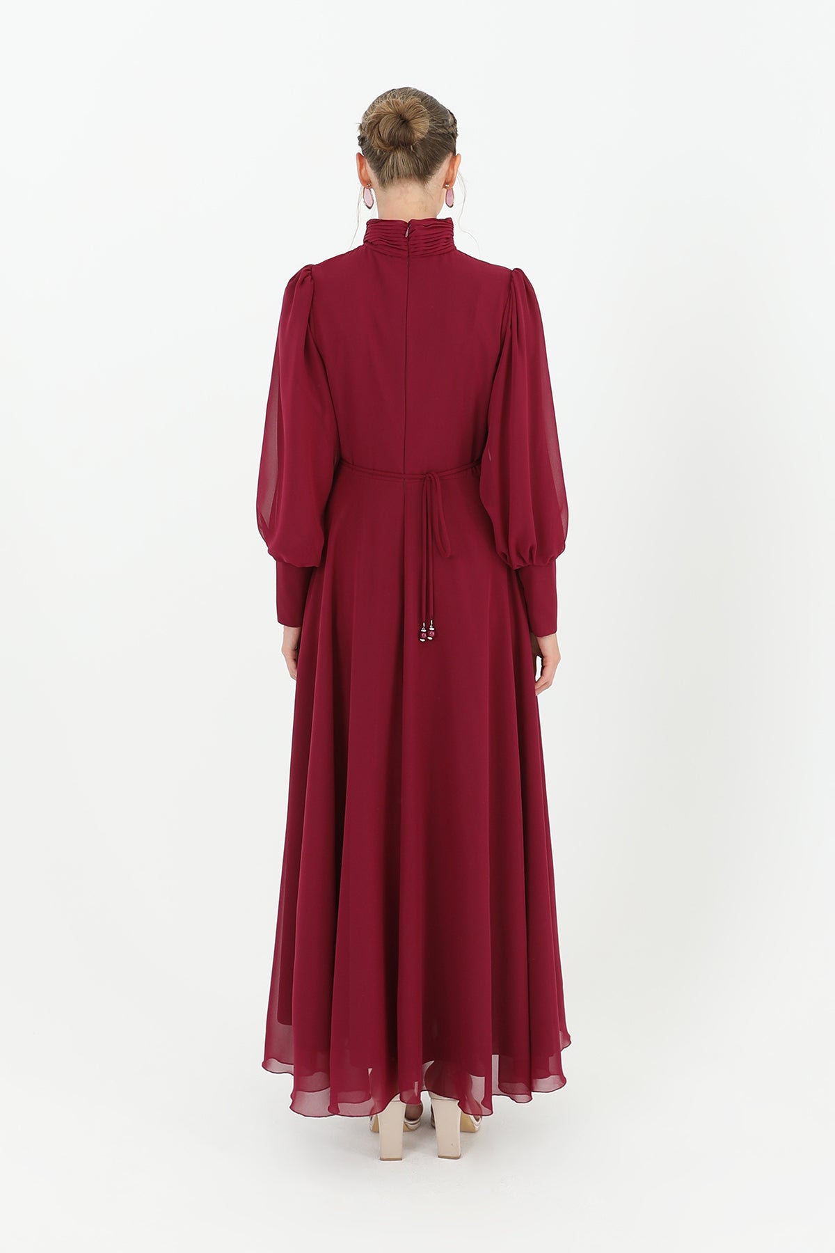 Kadın Dik Yaka Kemer Detaylı Şifon Elbise  - 12520ELB