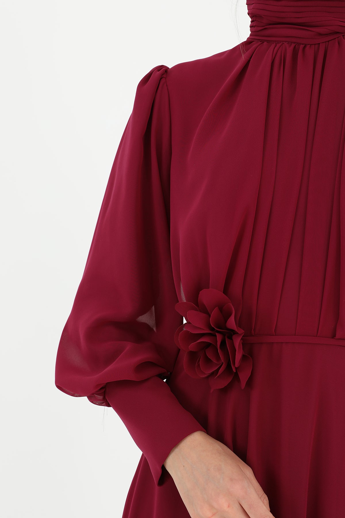 Kadın Dik Yaka Kemer Detaylı Şifon Elbise  - 12520ELB