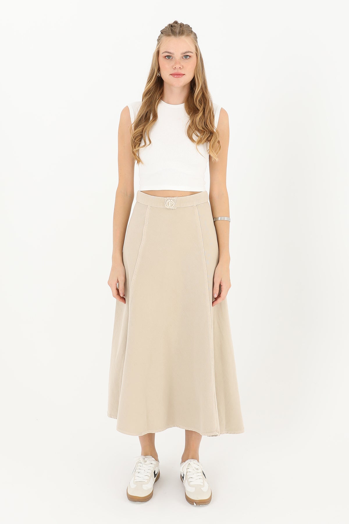 Kadın Gabardin Nakışlı Kloş Etek  - 18188ETK
