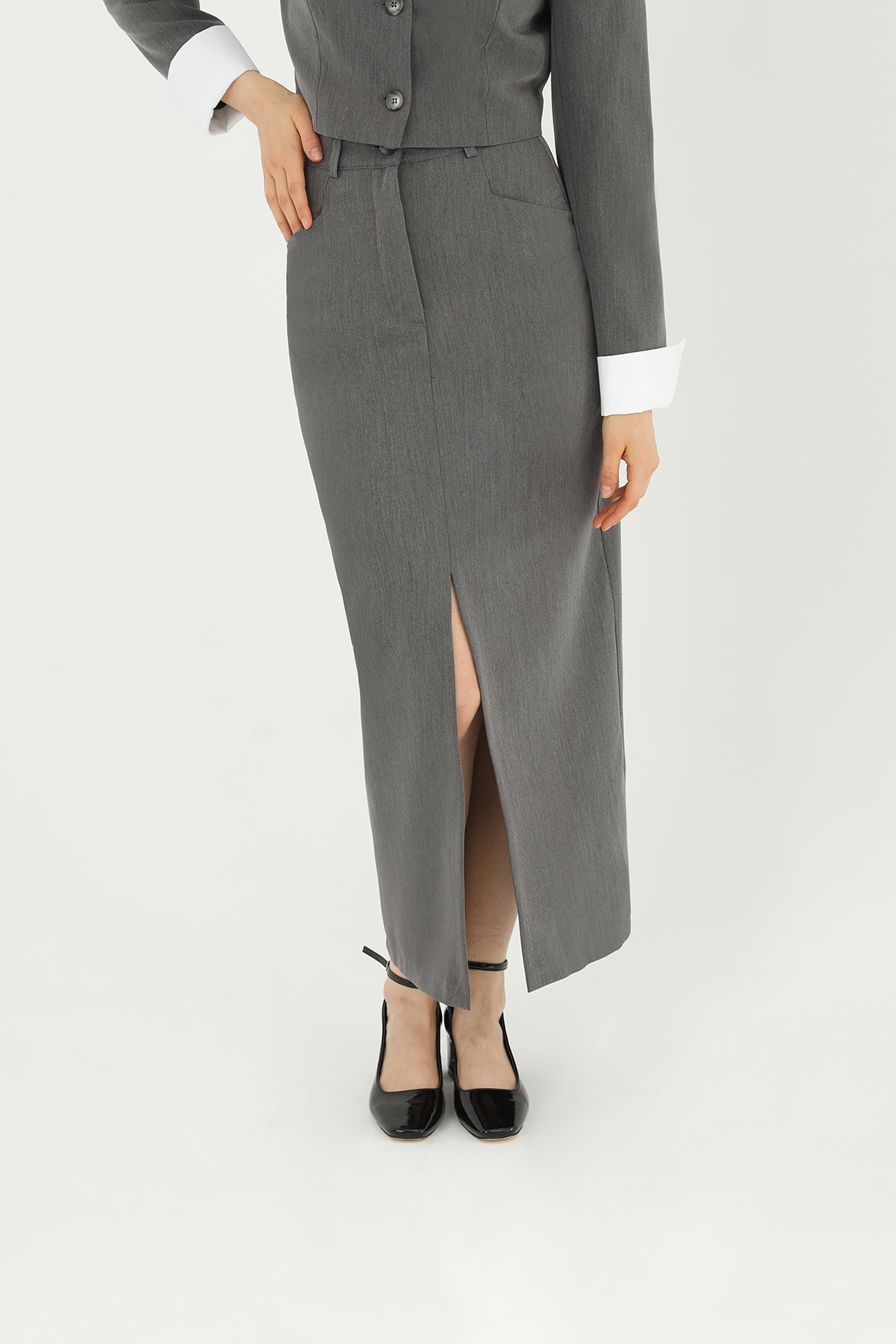 Kadın Önü Yırtmaçlı Kumaş Etek  - 31607ETK