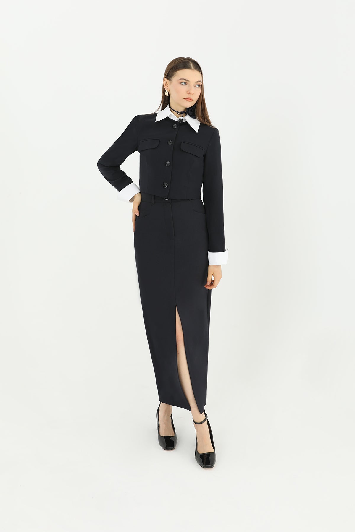 Kadın Önü Yırtmaçlı Kumaş Etek  - 31607ETK