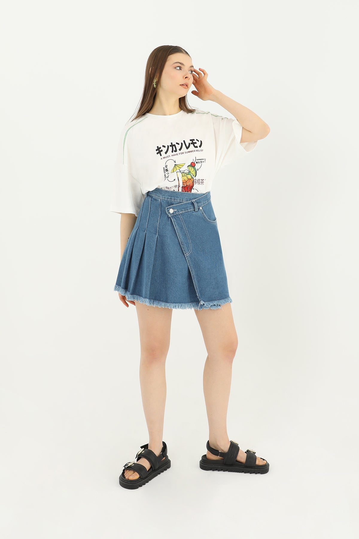 Kadın Yanı Pile Detaylı Kot Etek  - 31655ETK