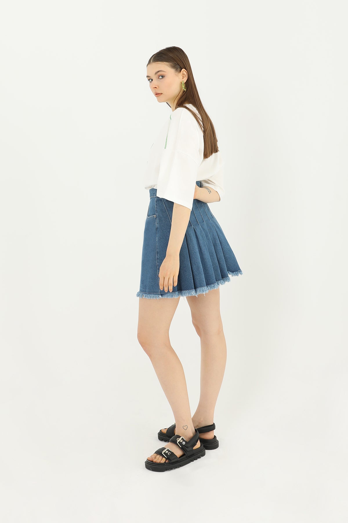 Kadın Yanı Pile Detaylı Kot Etek  - 31655ETK