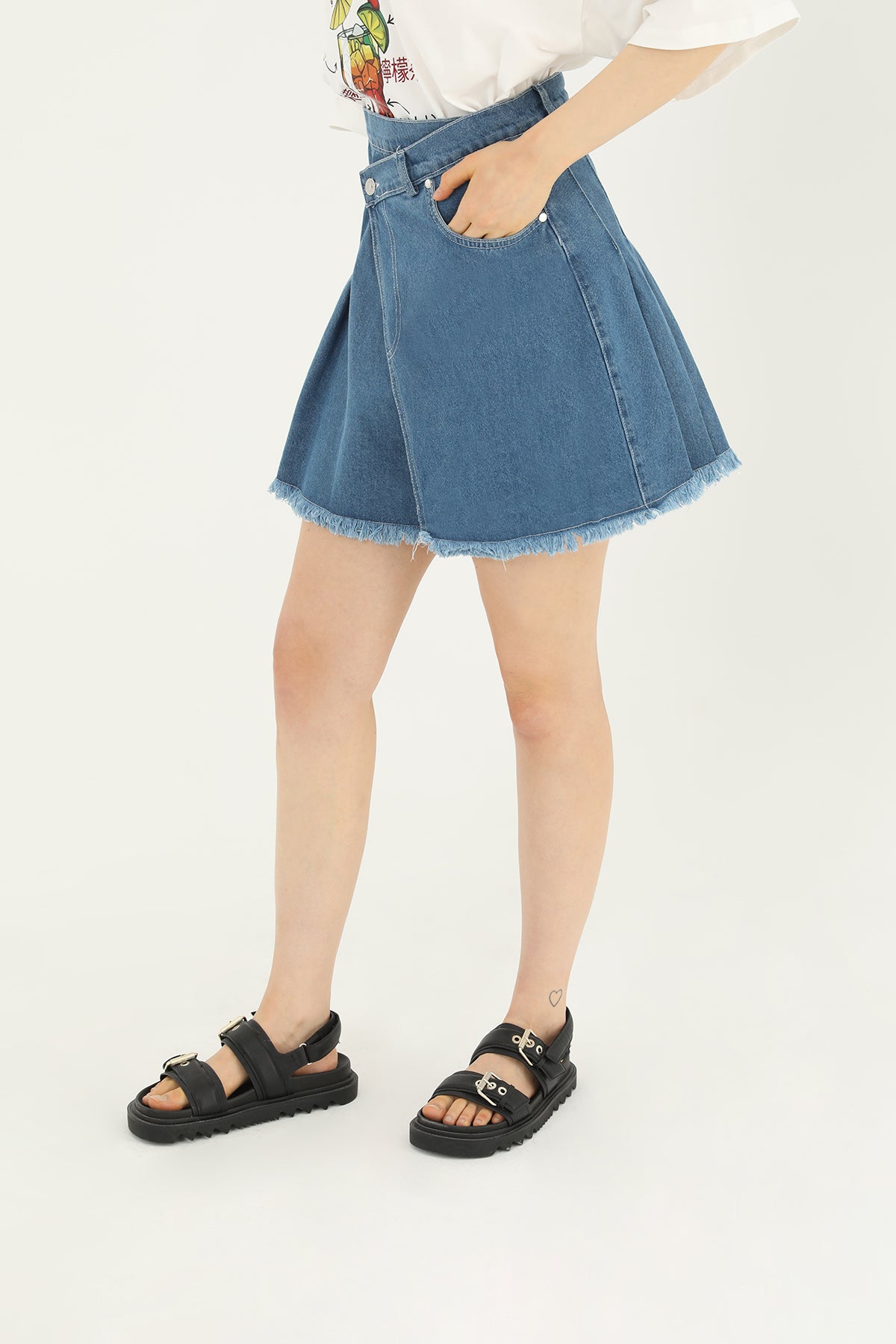 Kadın Yanı Pile Detaylı Kot Etek  - 31655ETK