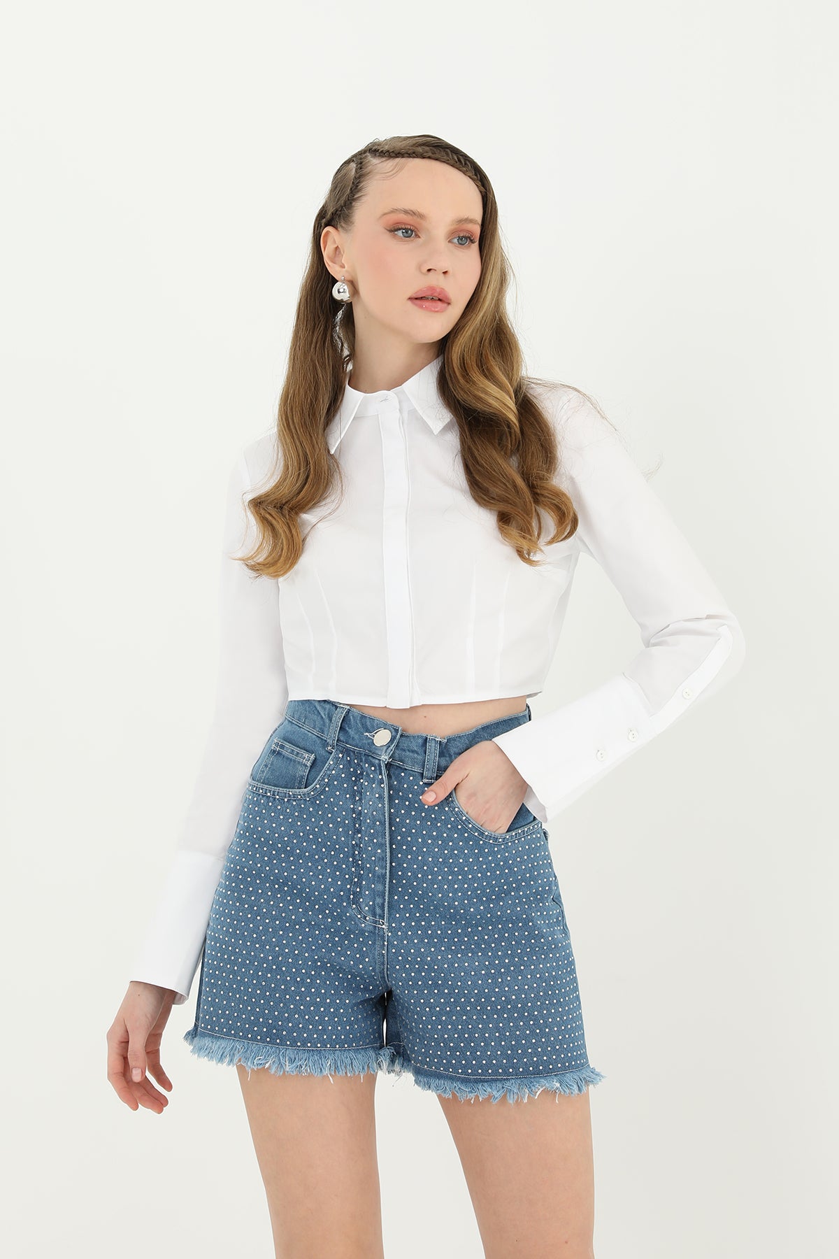 Kadın Manşet Kol Detaylı Crop Gömlek   - 31669GML