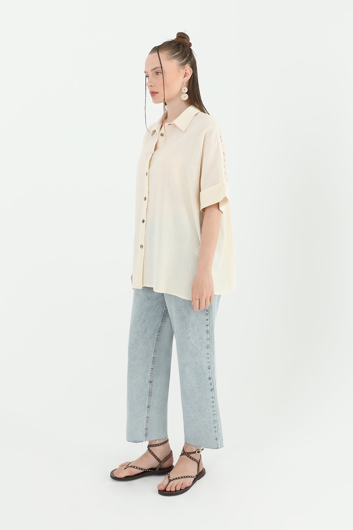 Kadın Arka Roba Dantelli Kısa Kollu Gömlek -24S-31792GML