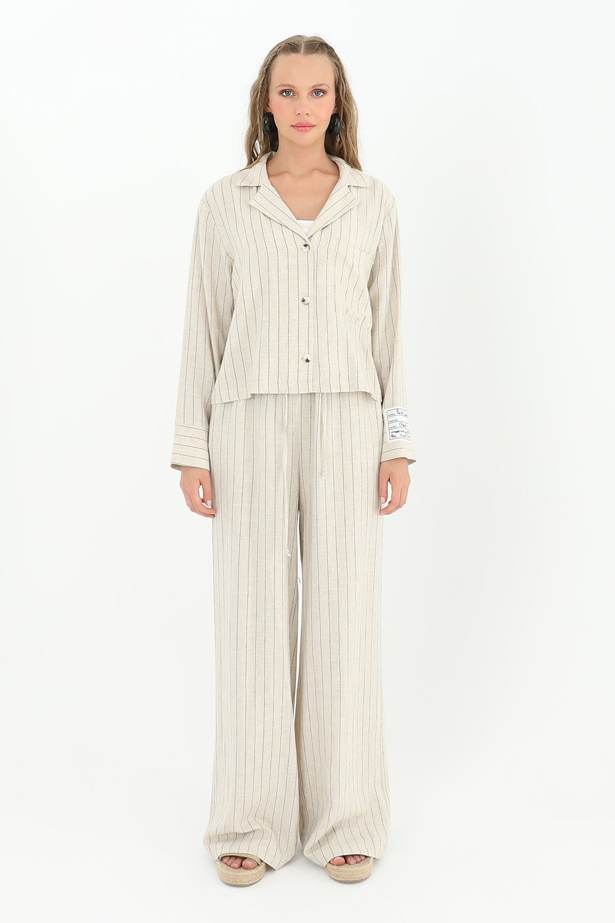 Kadın Çizgili Kısa Cepli Gömlek -24S-31817GML