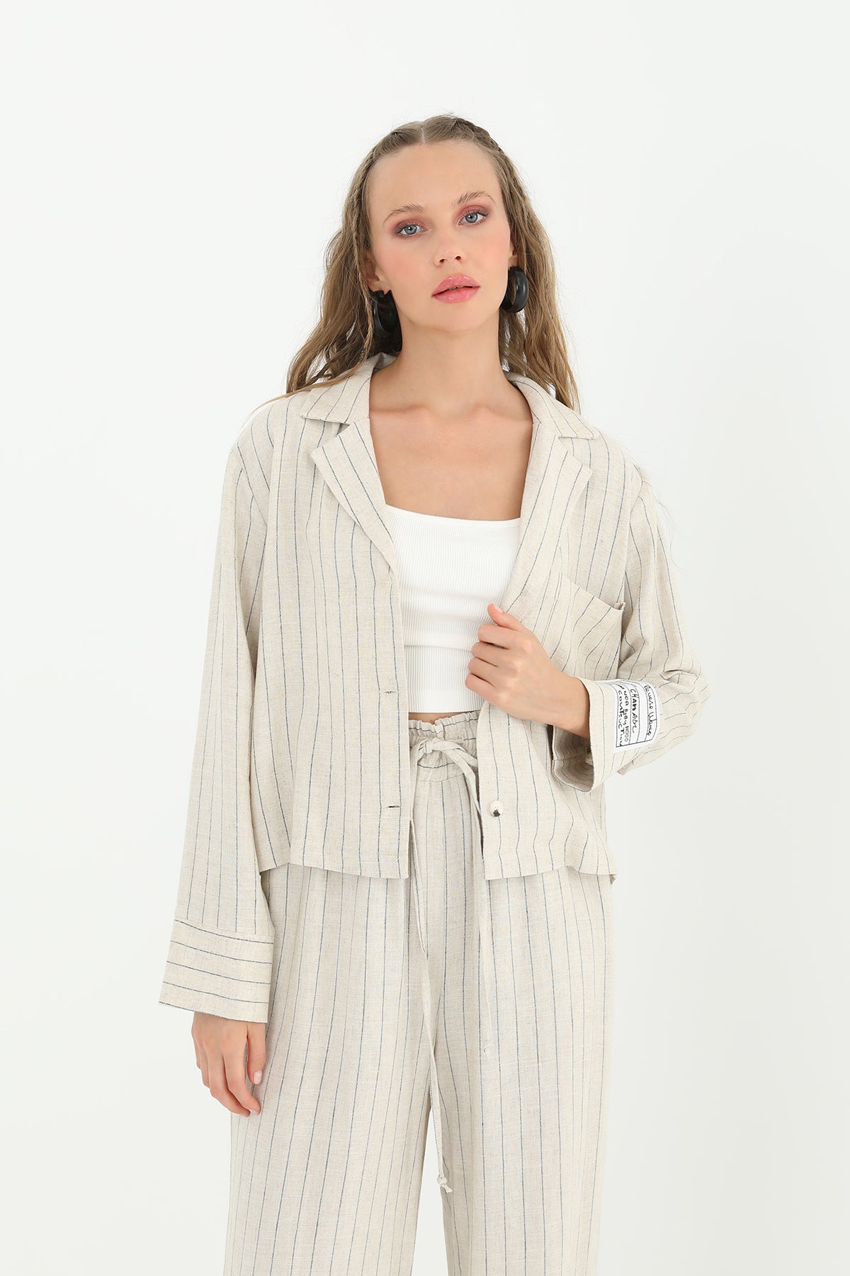 Kadın Çizgili Kısa Cepli Gömlek -24S-31817GML