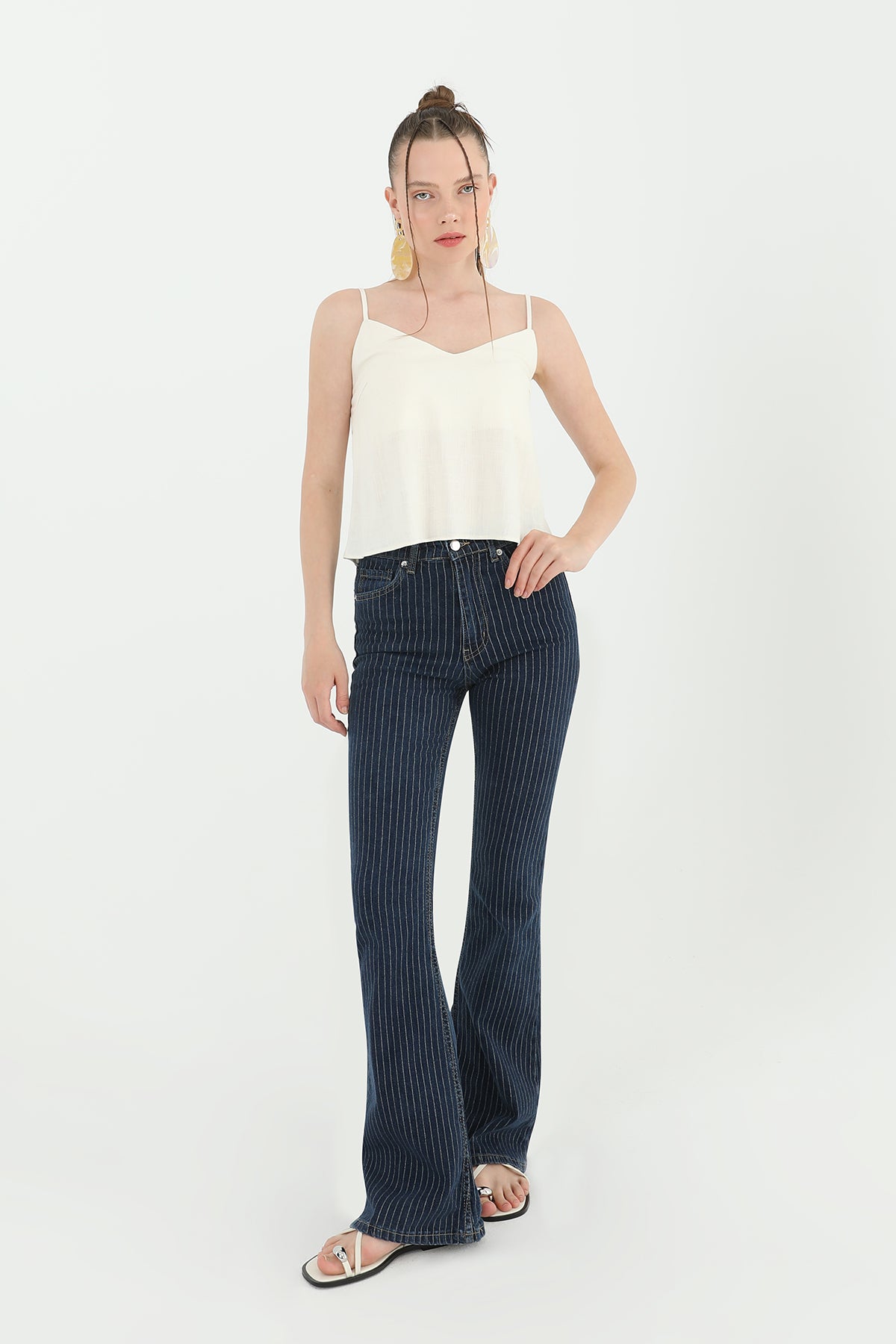 Kadın Çizgili Bol Denim Pantolon - 31879PNT