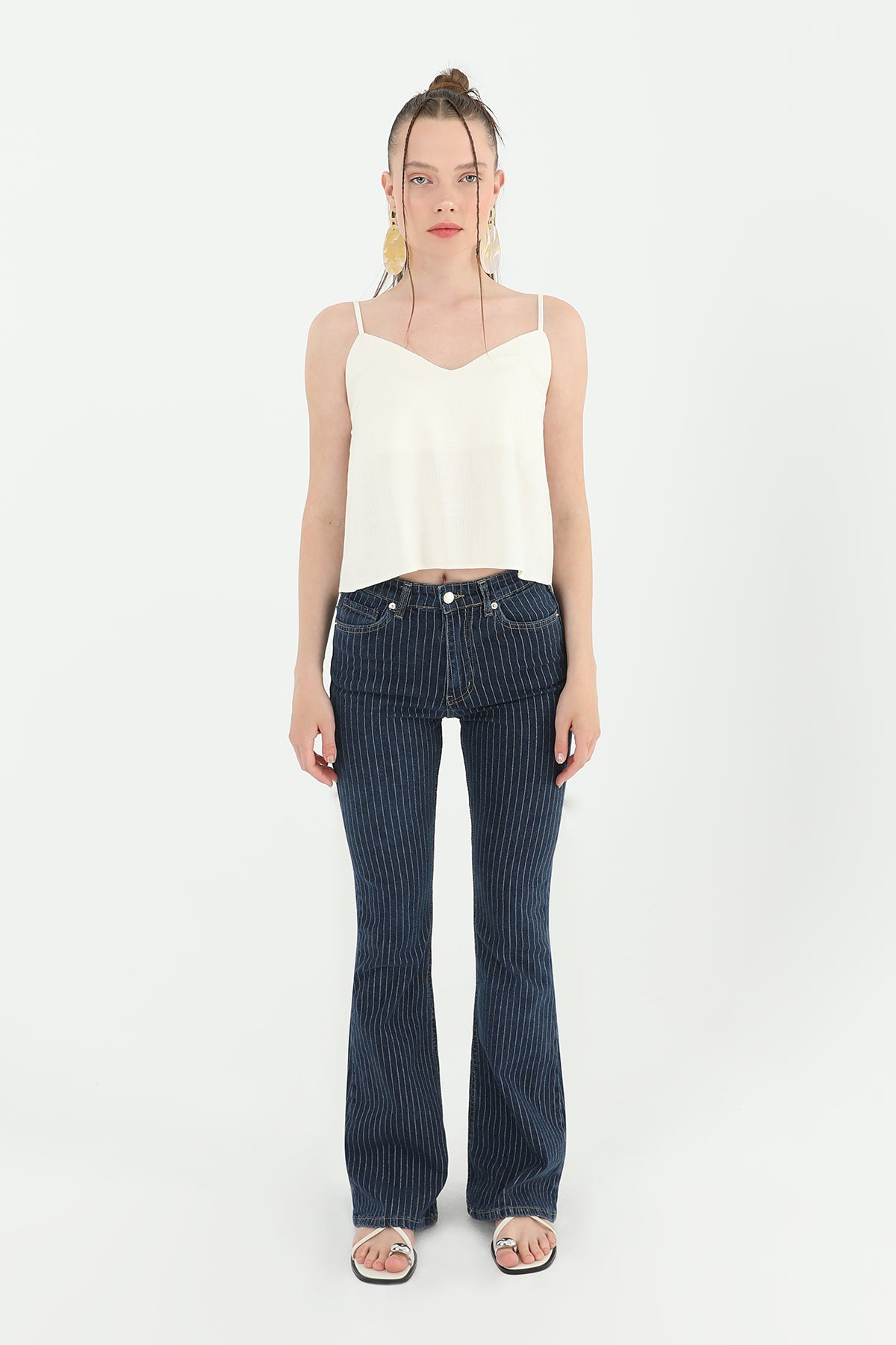 Kadın Çizgili Bol Denim Pantolon - 31879PNT