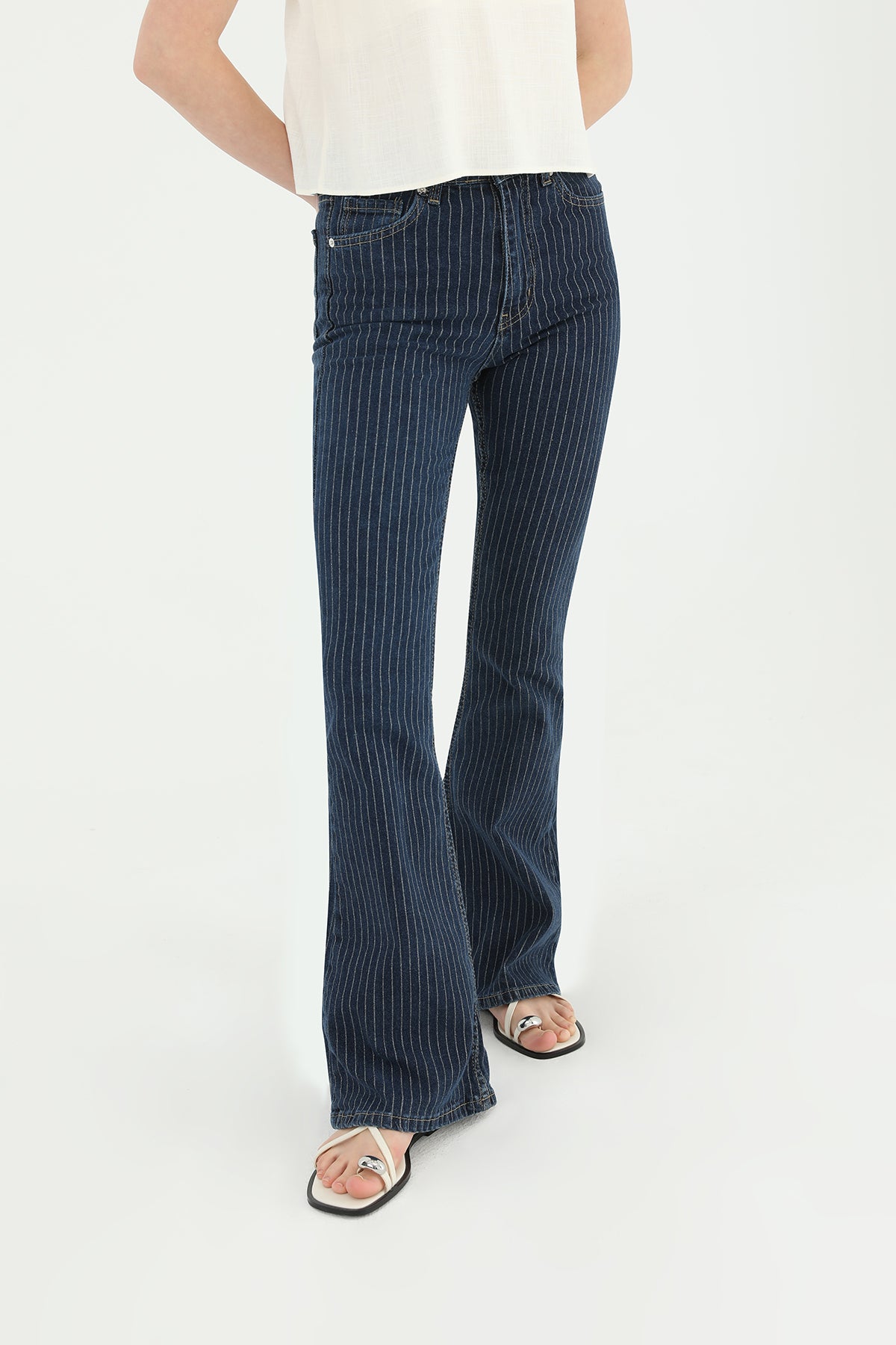 Kadın Çizgili Bol Denim Pantolon - 31879PNT