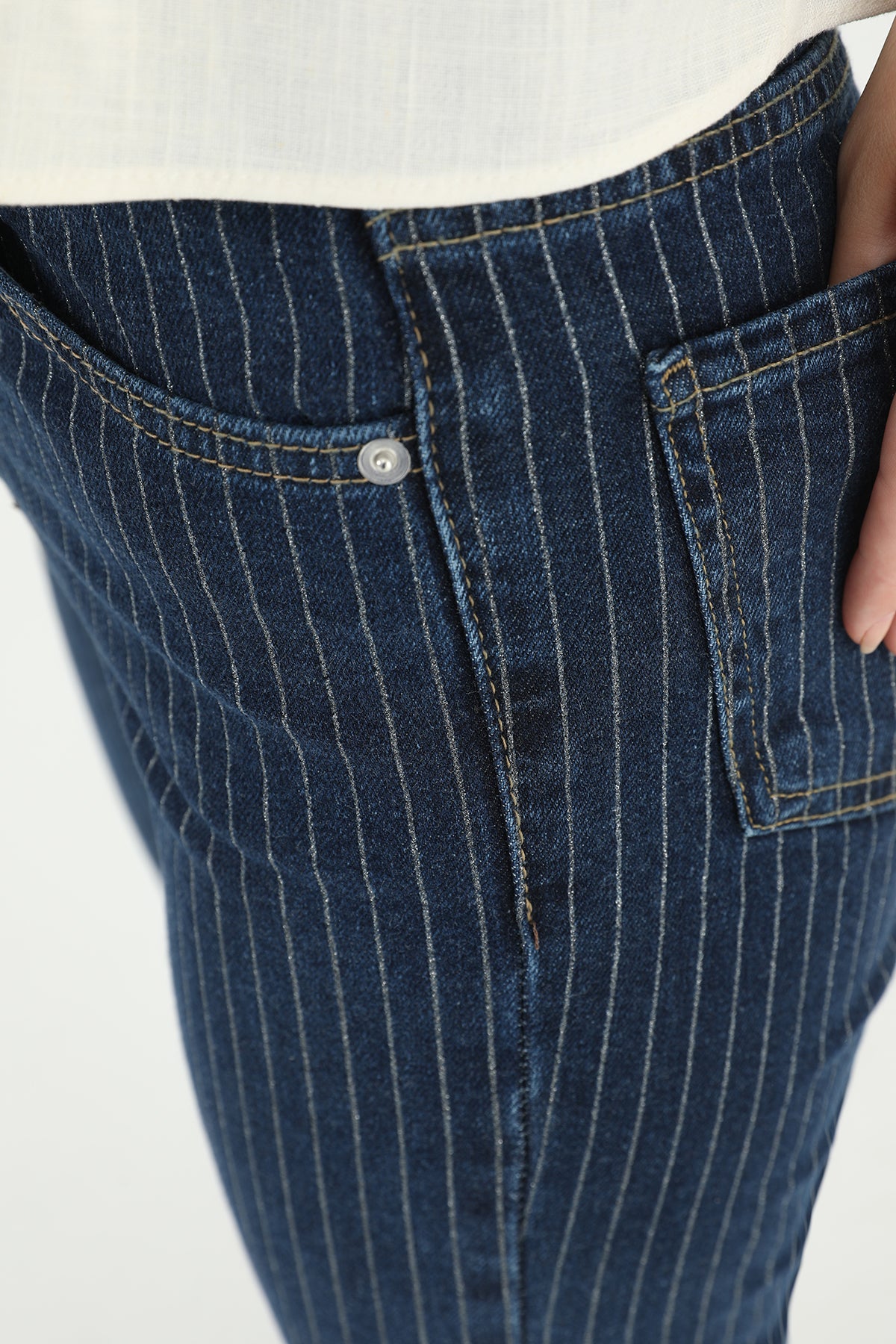 Kadın Çizgili Bol Denim Pantolon - 31879PNT