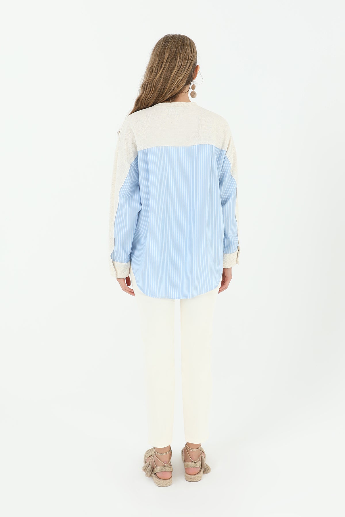 Kadın Önden Cepli Arkası Poplin Çizgili Kumaş -24S-31888BLZ