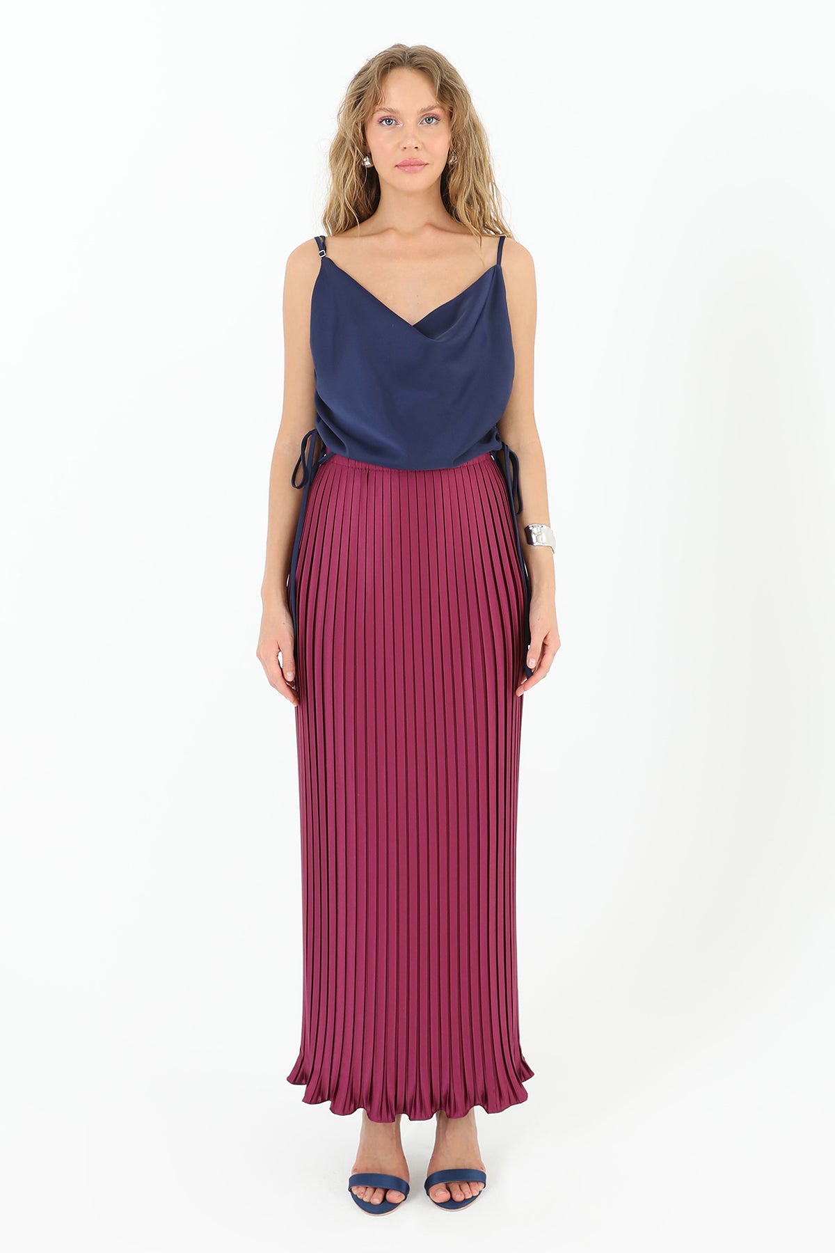 Kadın Pileli Uzun Saten Etek  - 31916ETK