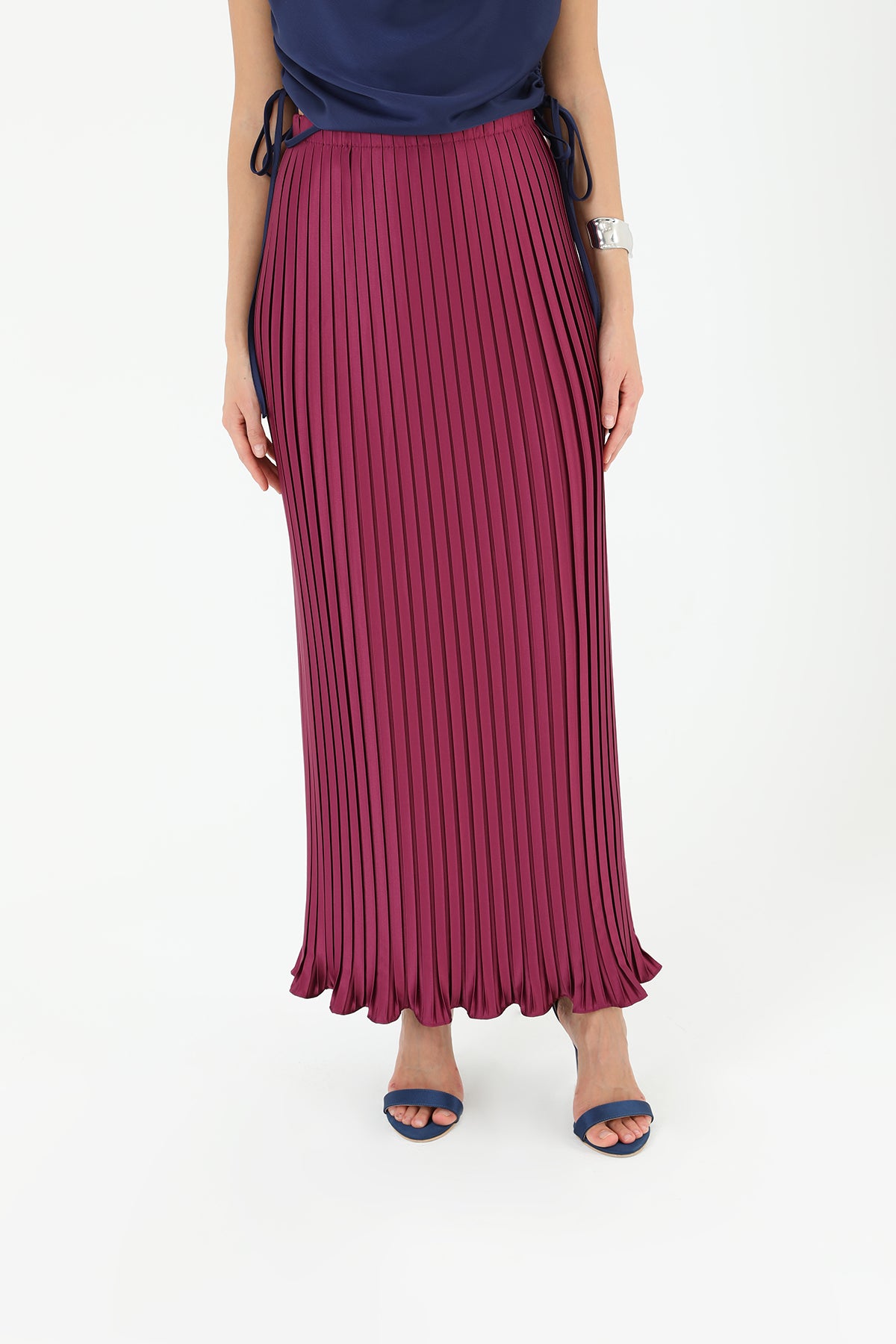 Kadın Pileli Uzun Saten Etek  - 31916ETK