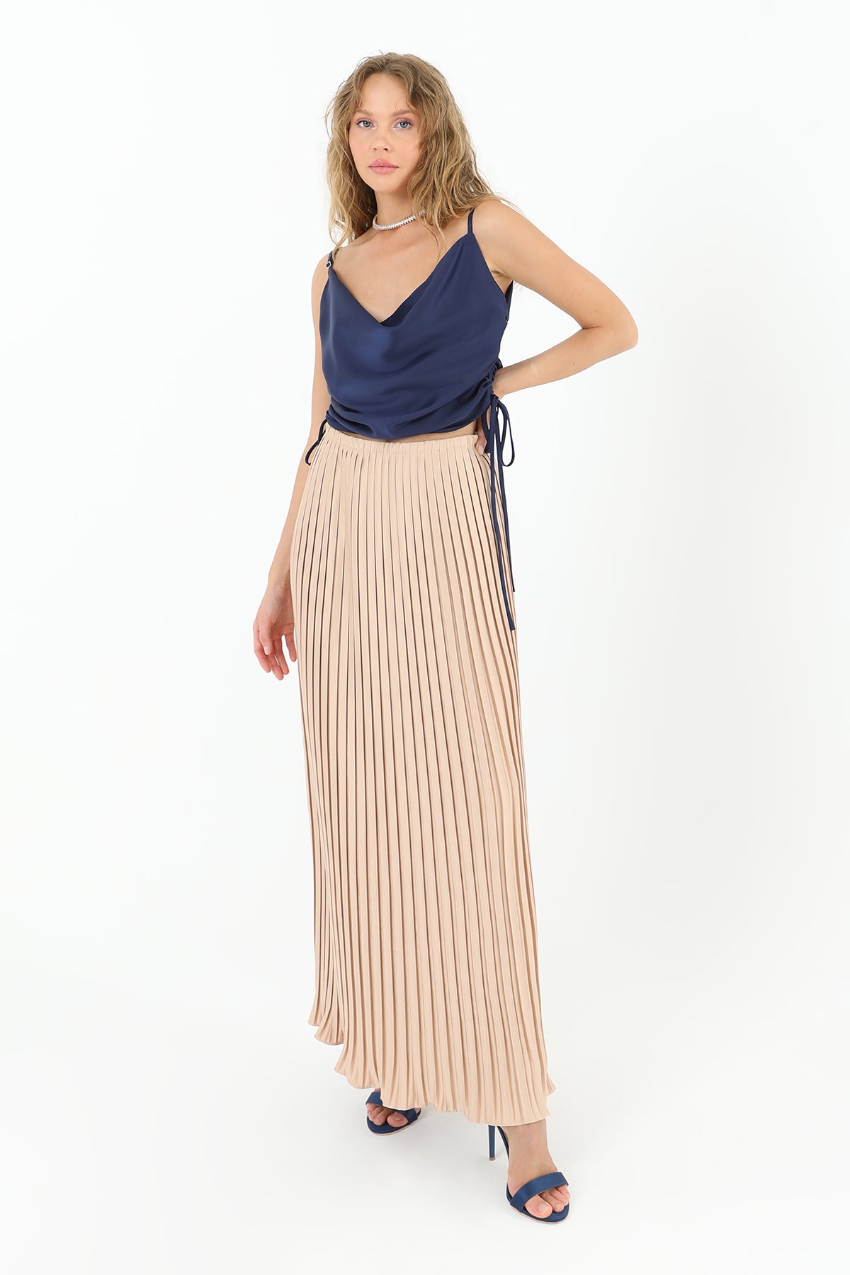 Kadın Pileli Uzun Saten Etek  - 31916ETK